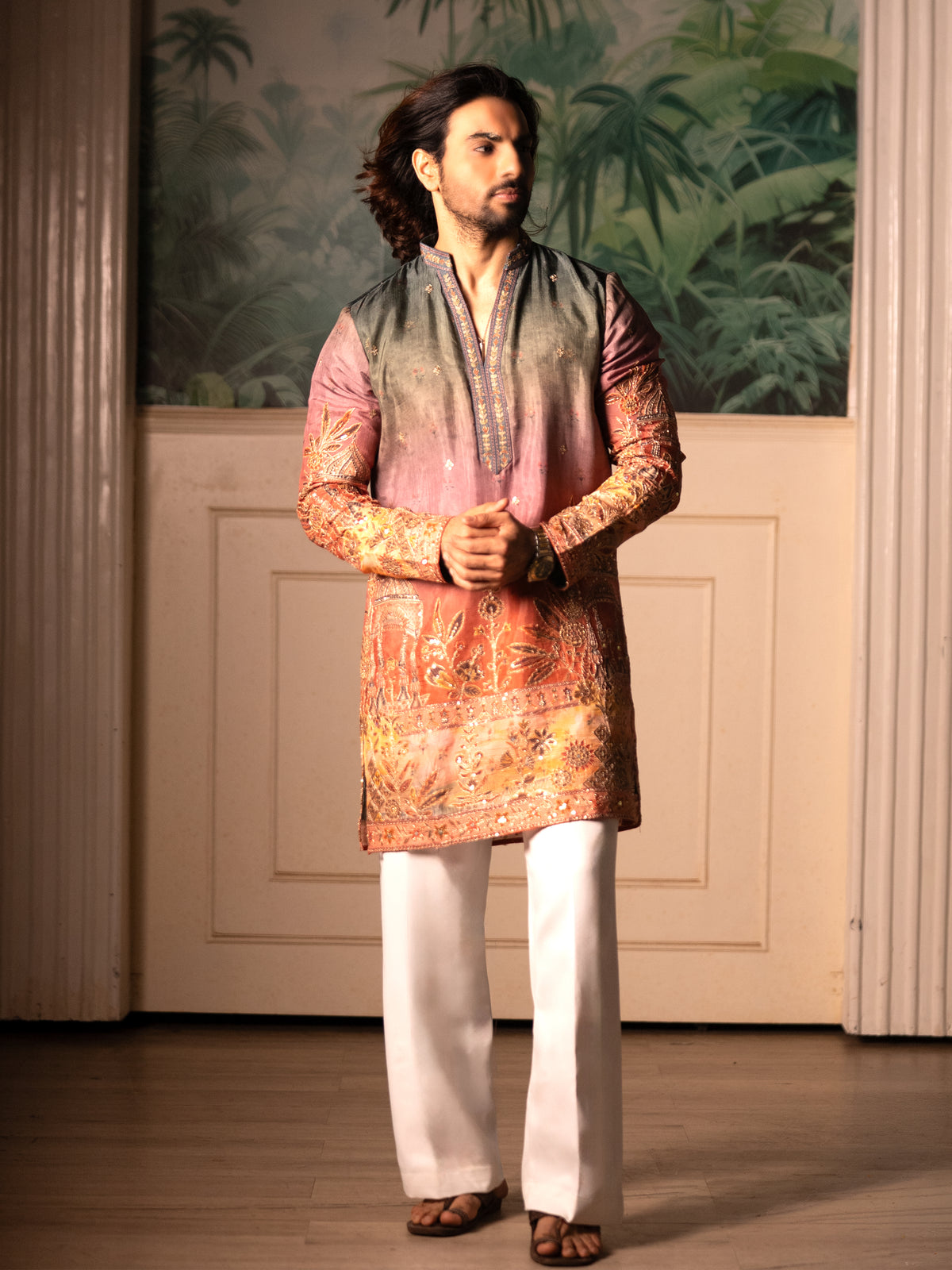 The Kaviraj Embroidered Kurta Set(Sunset Ombré & Antique Zari)