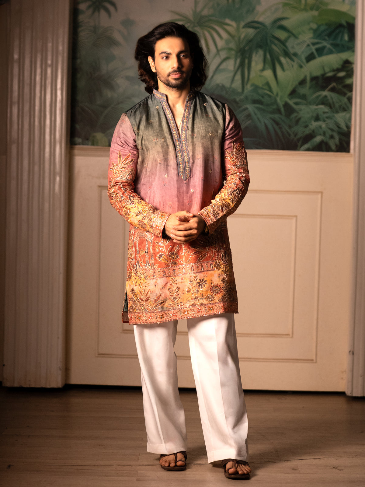 The Kaviraj Embroidered Kurta Set(Sunset Ombré & Antique Zari)