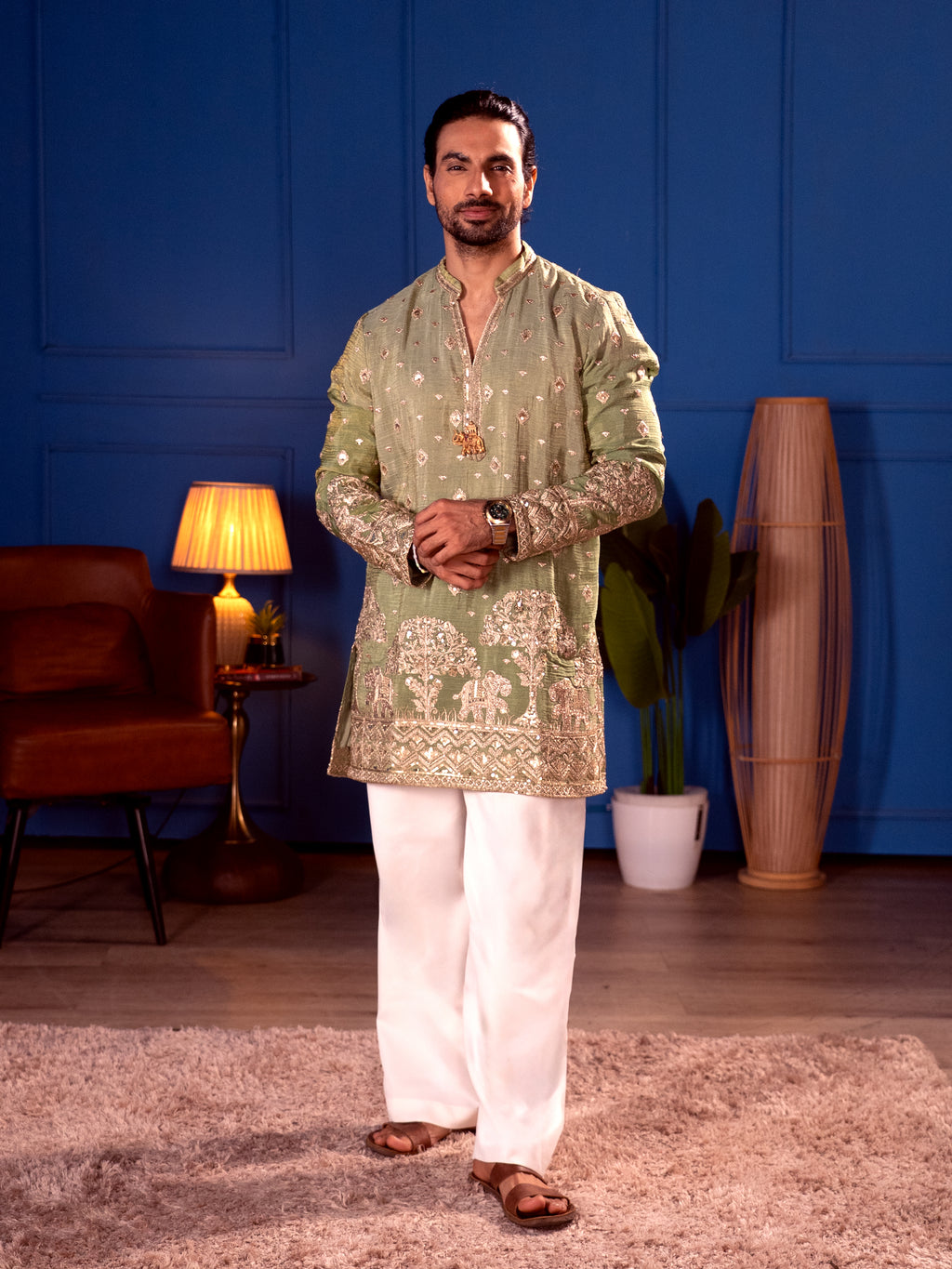 The Adhiraj Embroidered Kurta Set (Sage Celadon & Silver Zari)