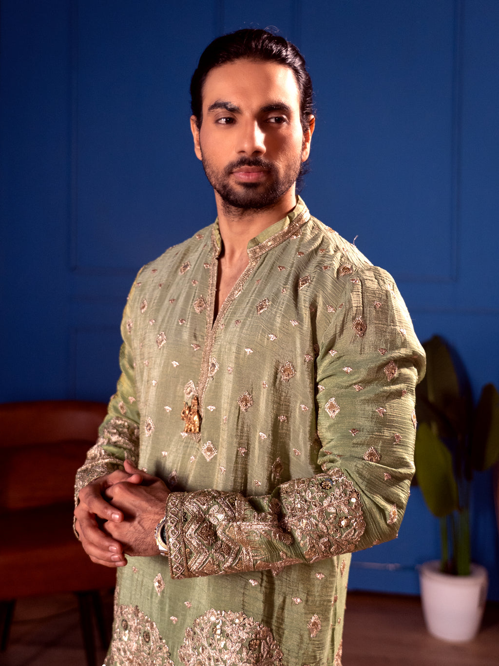 The Adhiraj Embroidered Kurta Set (Sage Celadon & Silver Zari)