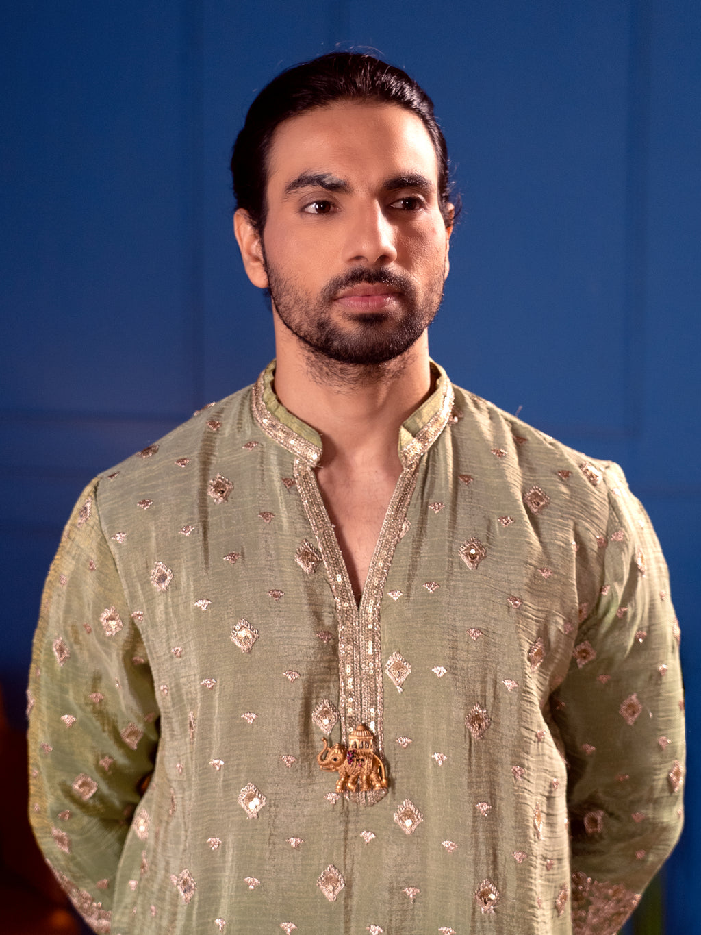The Adhiraj Embroidered Kurta Set (Sage Celadon & Silver Zari)