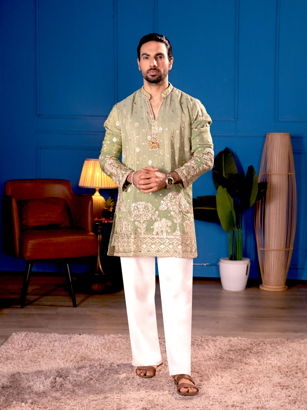 The Adhiraj Embroidered Kurta Set (Sage Celadon & Silver Zari)