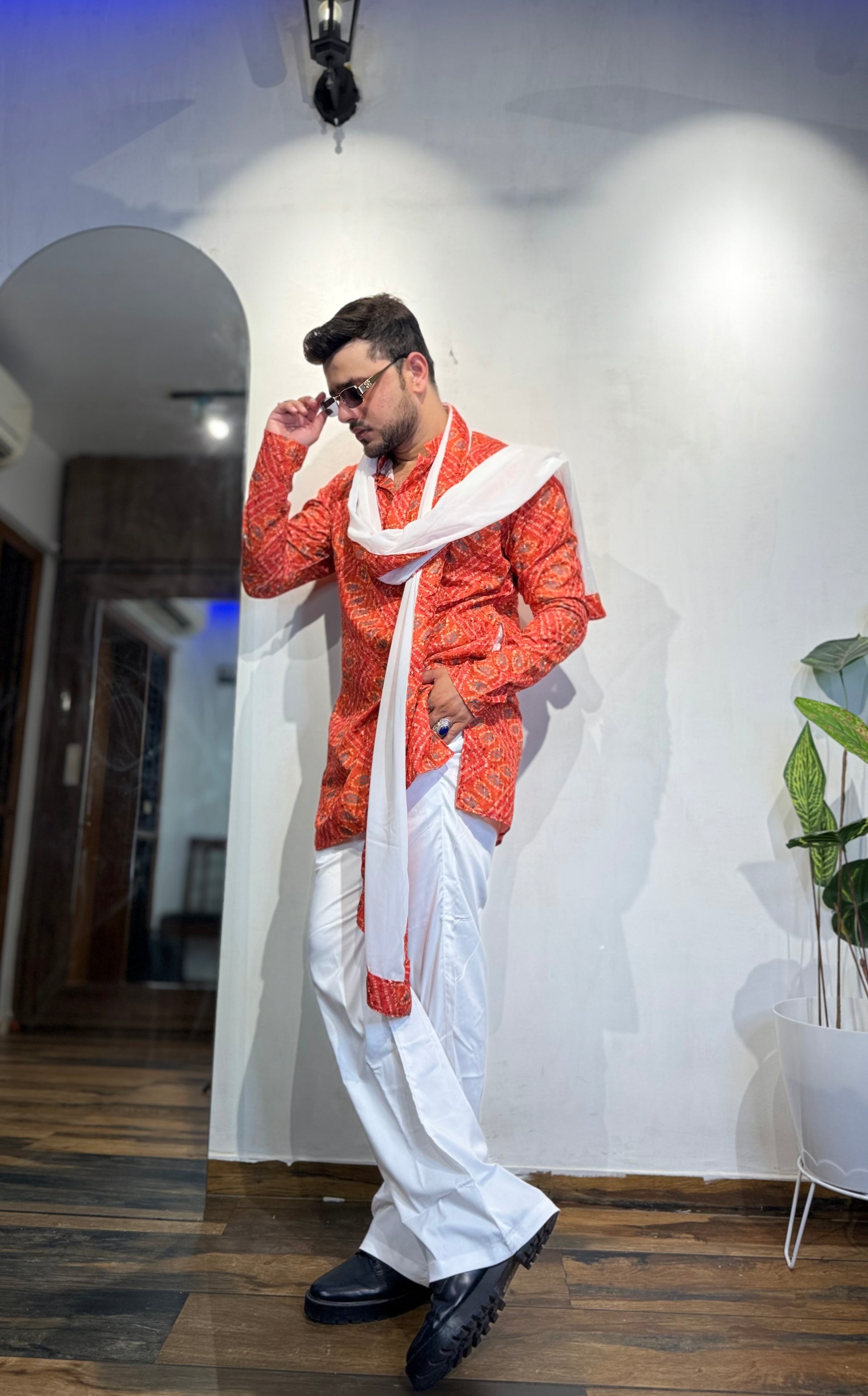 Bright Orange Bandhani Printed SHORT Kurta+Dupatta+pant set