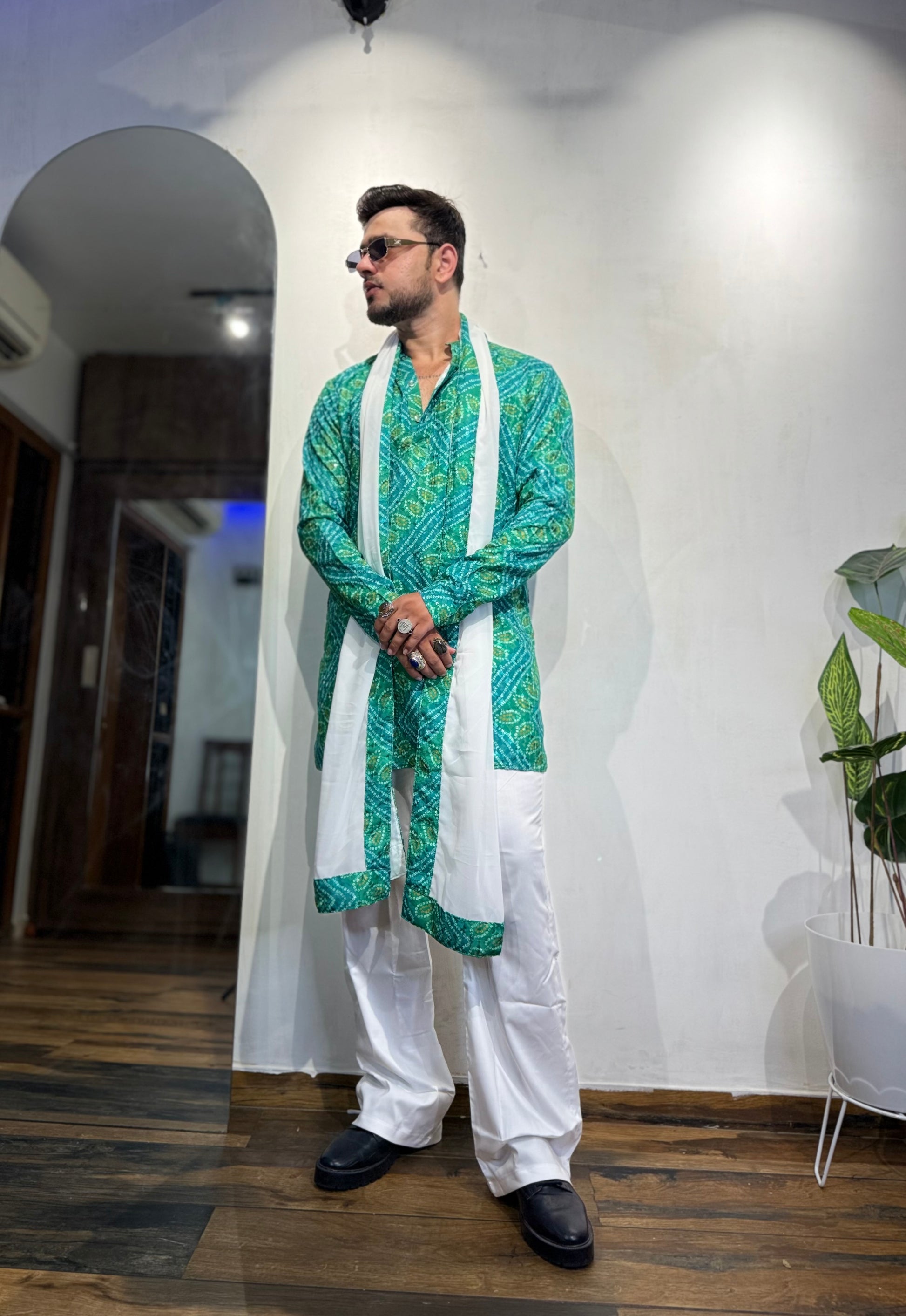 Green Bandhani Printed SHORT Kurta+Dupatta Set
