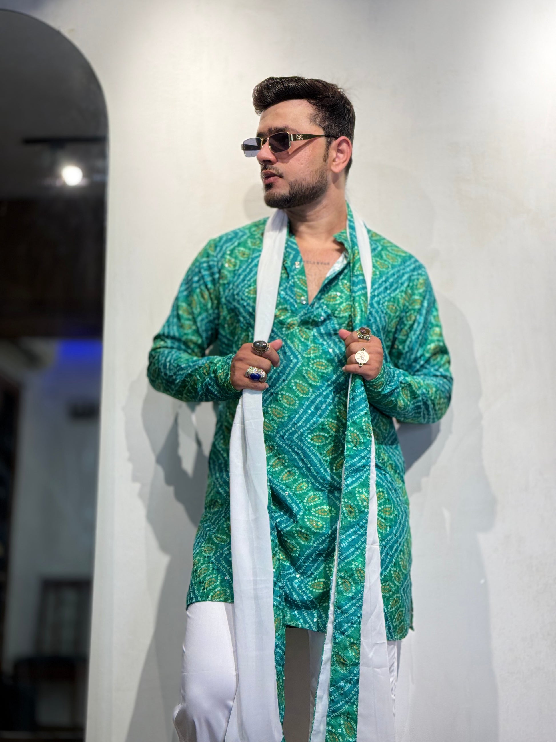 Green Bandhani Printed SHORT Kurta+Dupatta Set