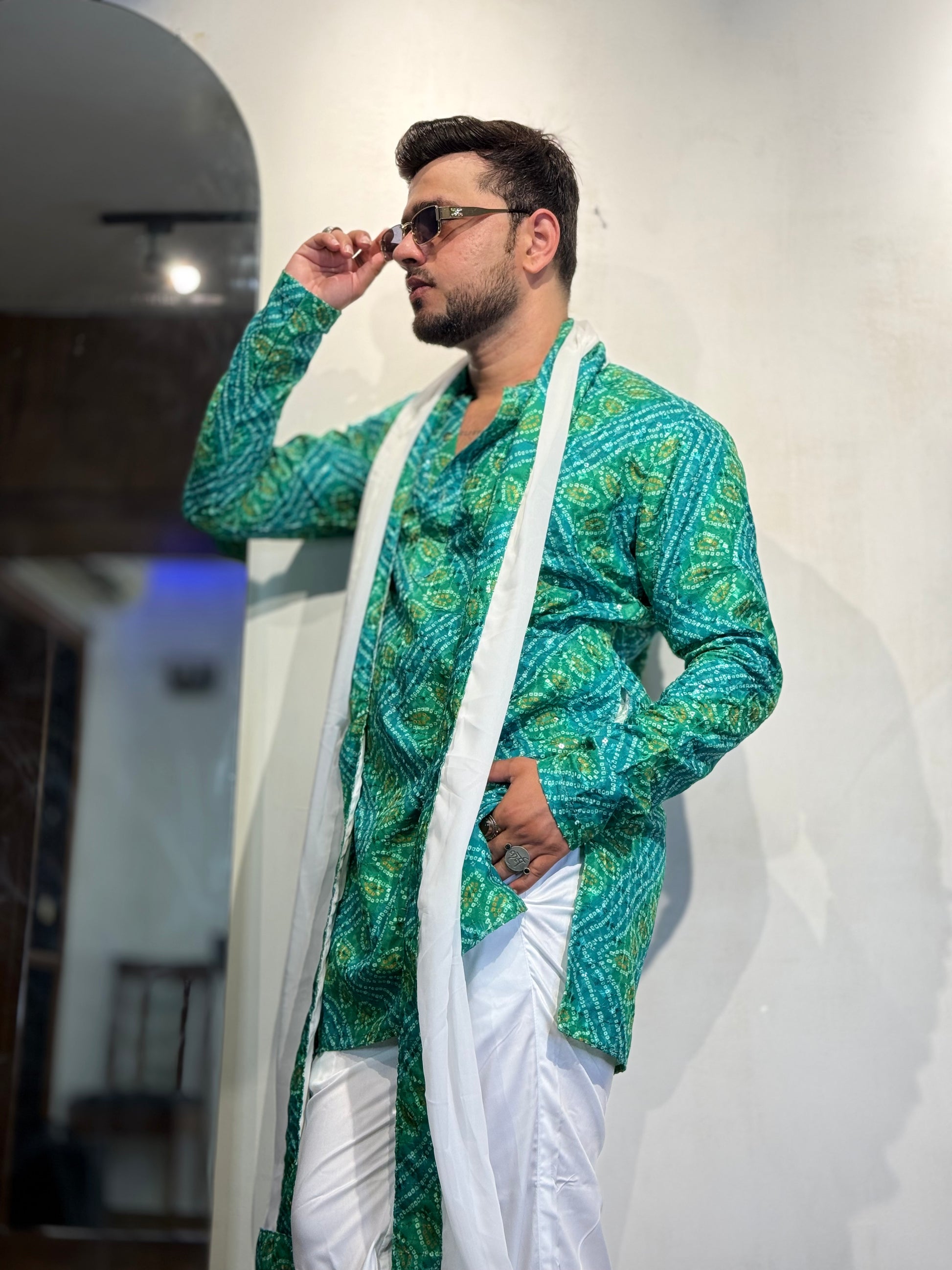 Green Bandhani Printed SHORT Kurta+Dupatta Set
