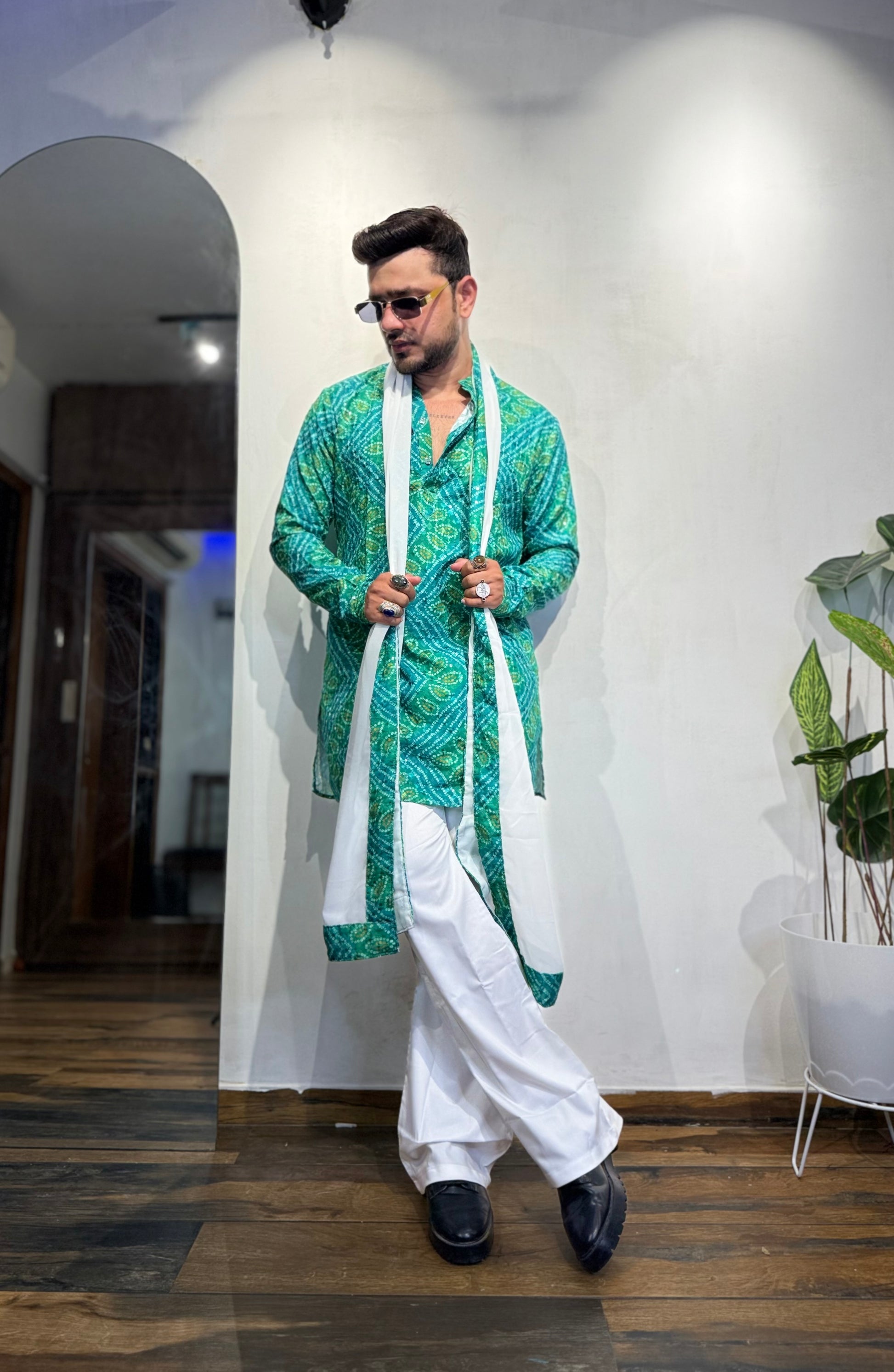 Green Bandhani Printed SHORT Kurta+Dupatta Set