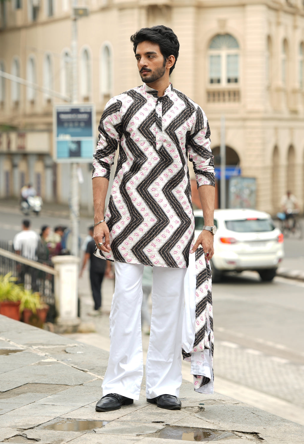 White Multicolored Printed SHORT Kurta+Dupatta Set