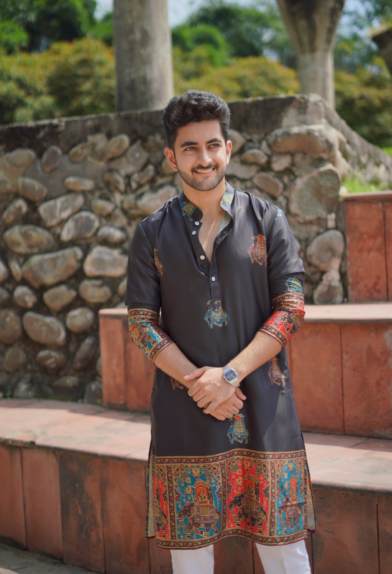 Black Foil Printed Cotton Linen Kurta Set