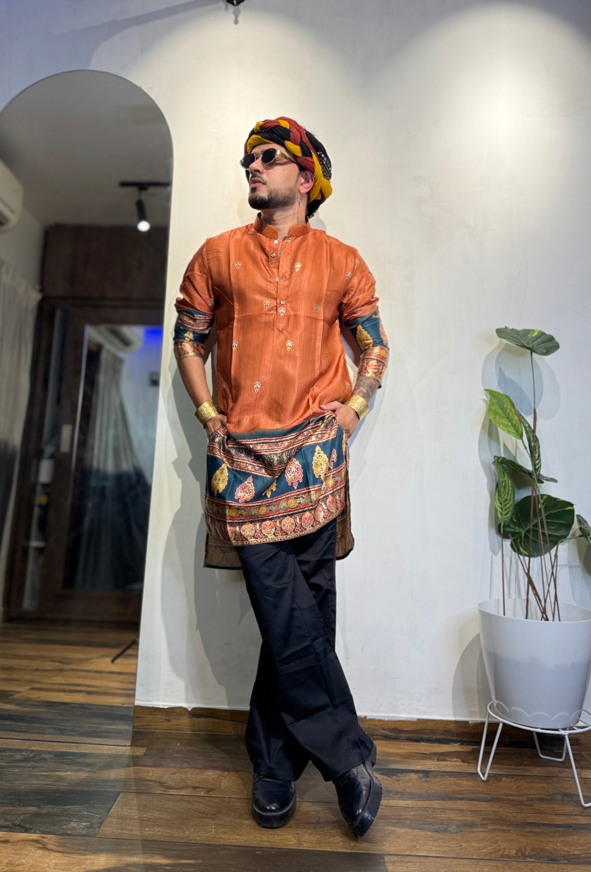 Rustic Orange Foil Printed Cotton Linen Kurta Set