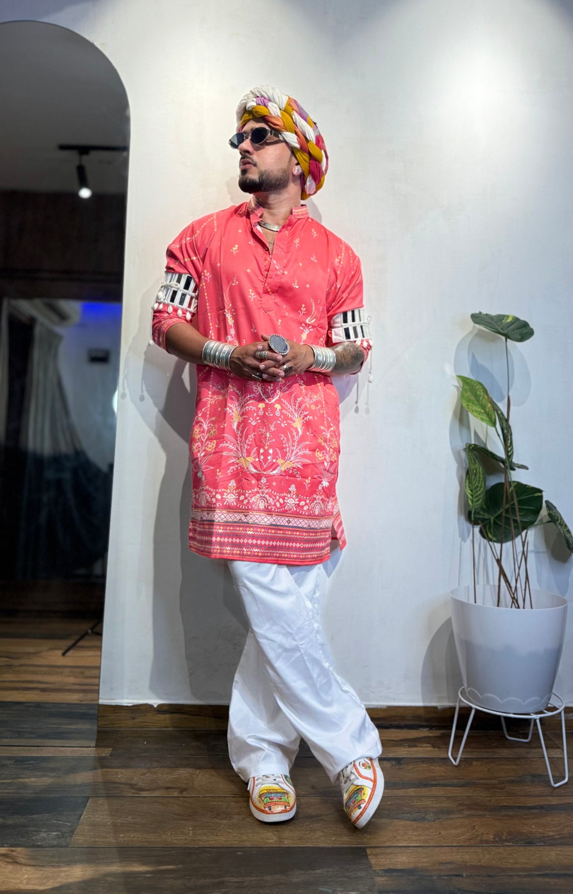 Dark Pink Foil Print On Cotton Satin Kurta