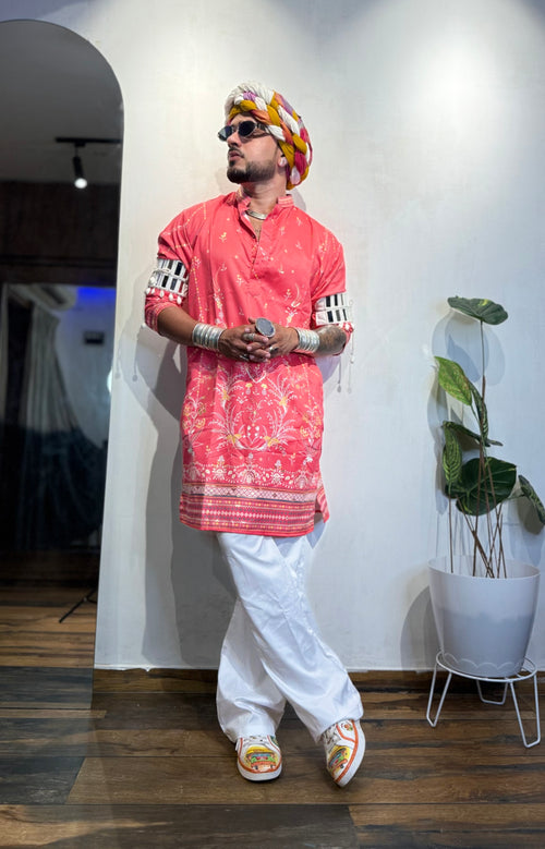 Dark Pink Foil Print On Cotton Satin Kurta