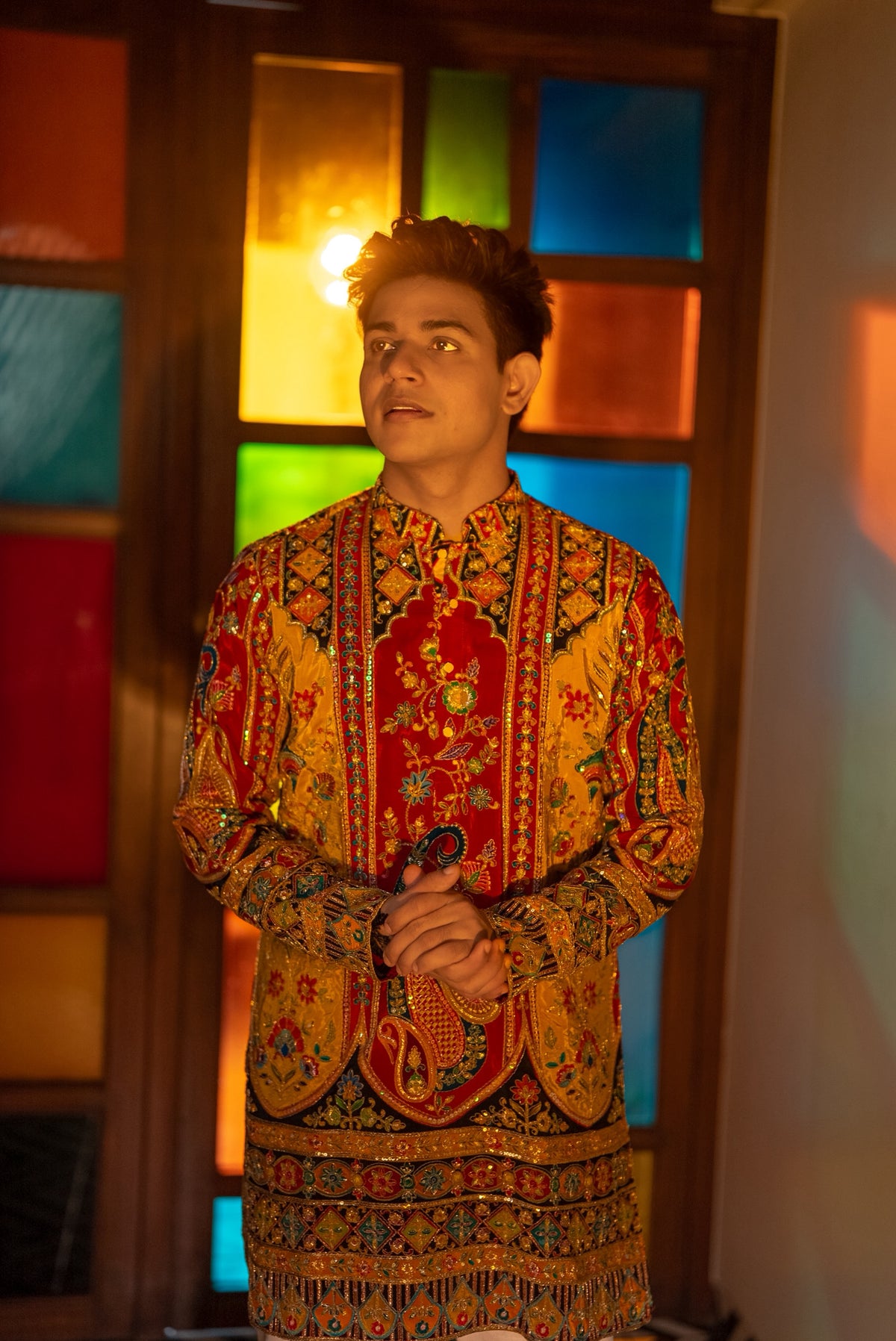 The Saltanat Embroidered Kurta Set (Mustard-Red)