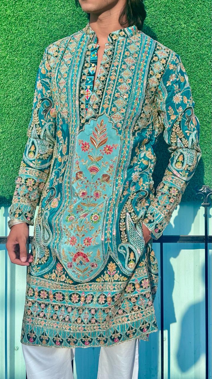 The Saltanat Embroidered Kurta (Teal Green)