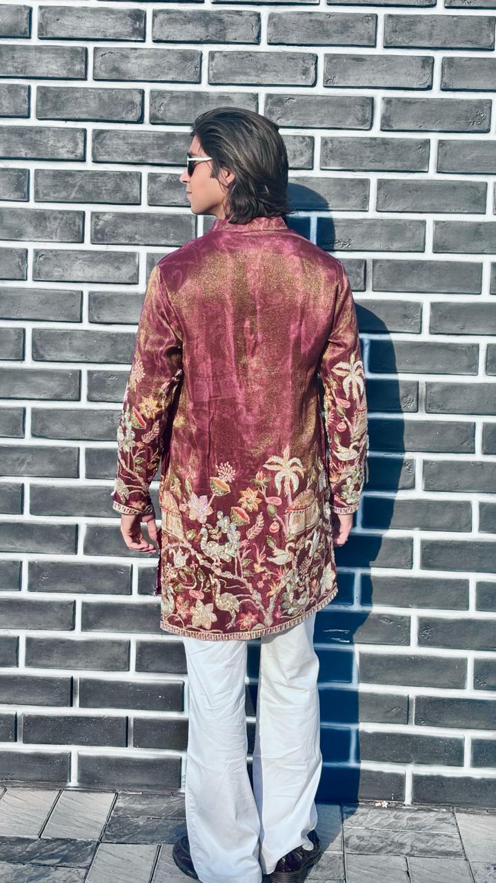 The Darbar Embroidered Kurta (Maroon Scenic)