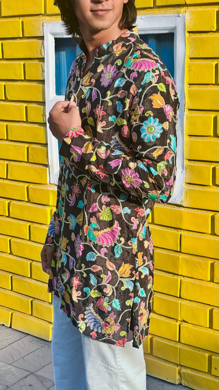 The Bagh Embroidered short Kurta (Black Floral)