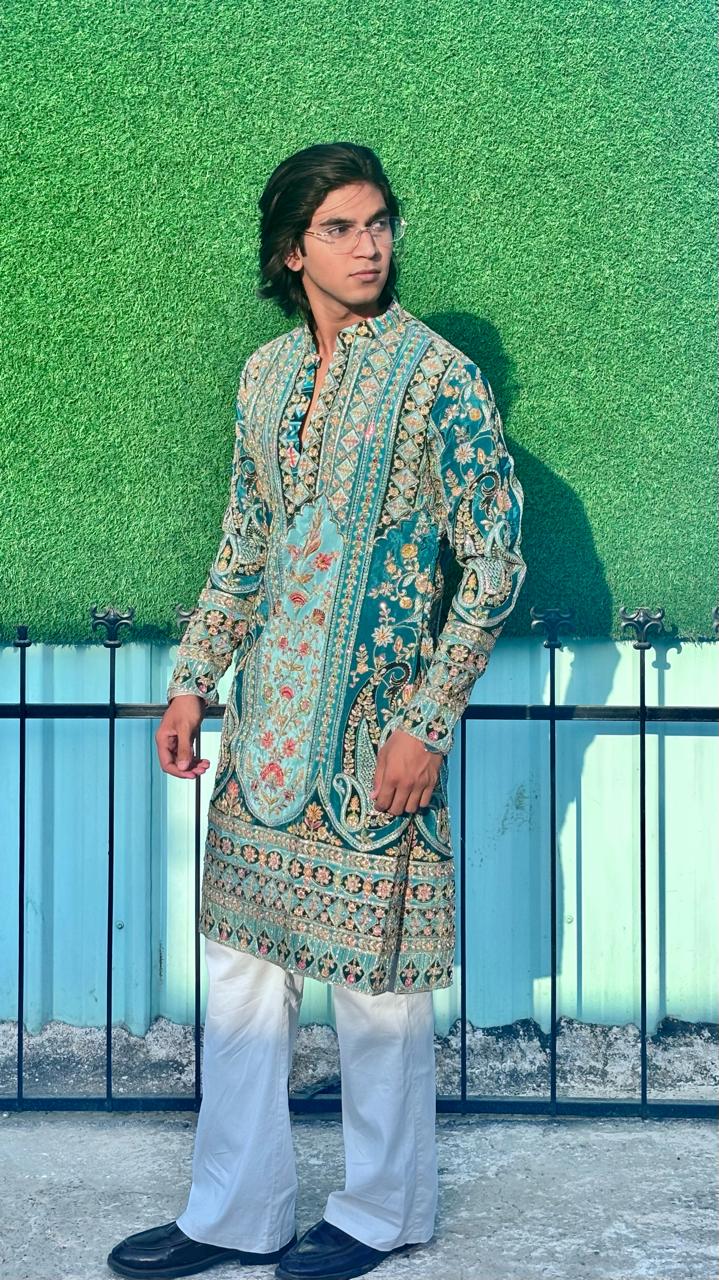 The Saltanat Embroidered Kurta (Teal Green)