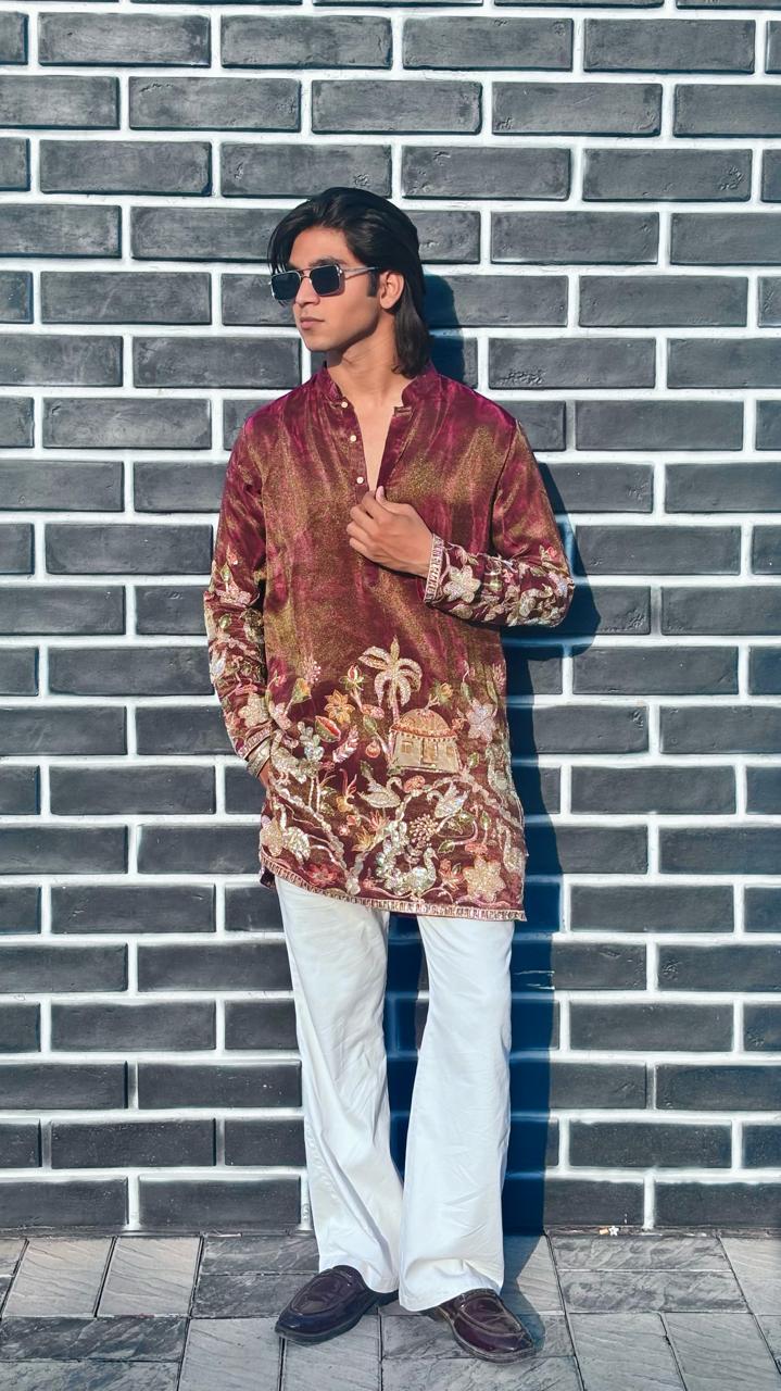 The Darbar Embroidered Kurta (Maroon Scenic)
