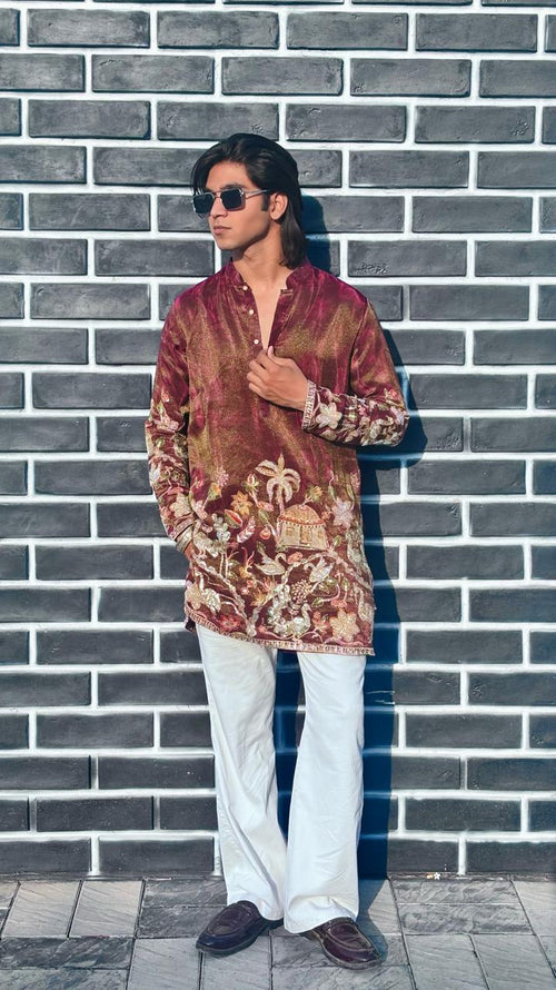 The Darbar Embroidered Kurta (Maroon Scenic)
