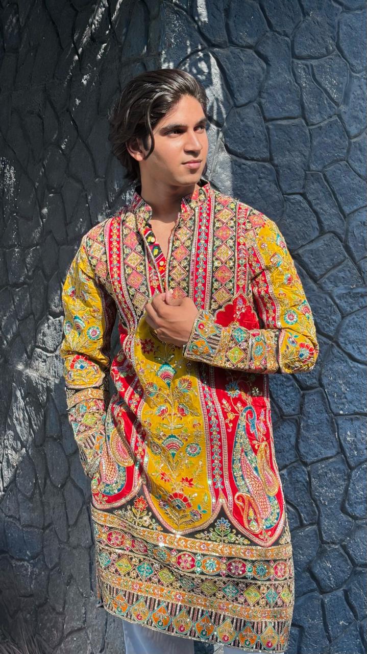 The Saltanat Embroidered Kurta (Mustard-Red)