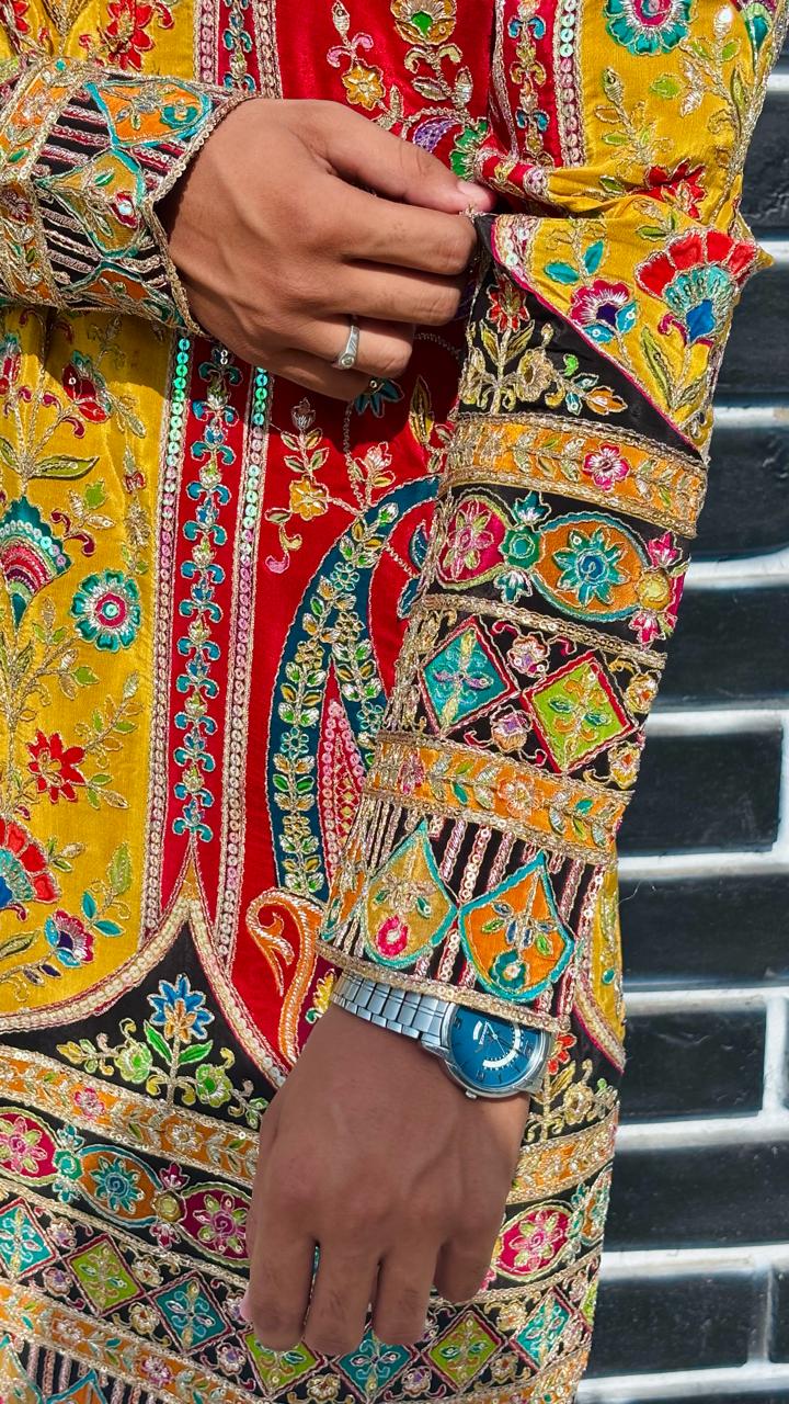 The Saltanat Embroidered Kurta (Mustard-Red)