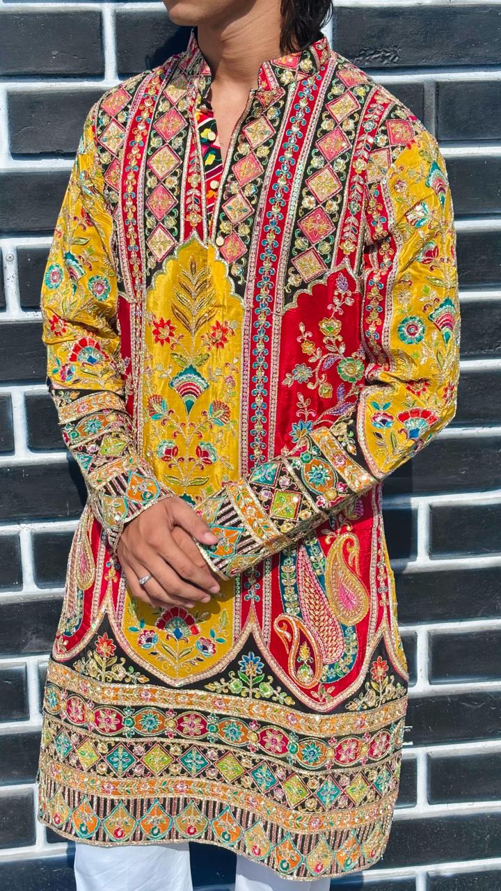 The Saltanat Embroidered Kurta (Mustard-Red)