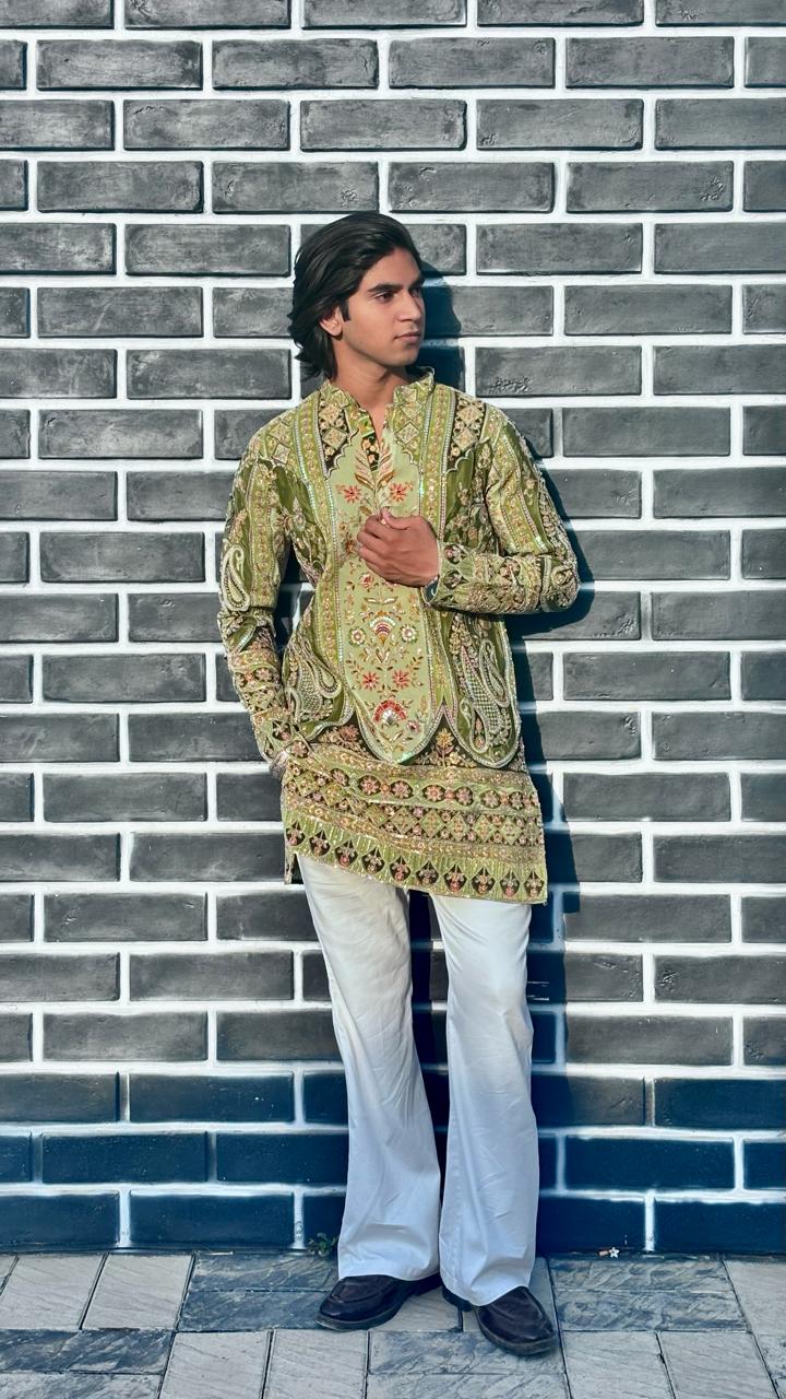 The Saltanat Embroidered Kurta (Olive Green)