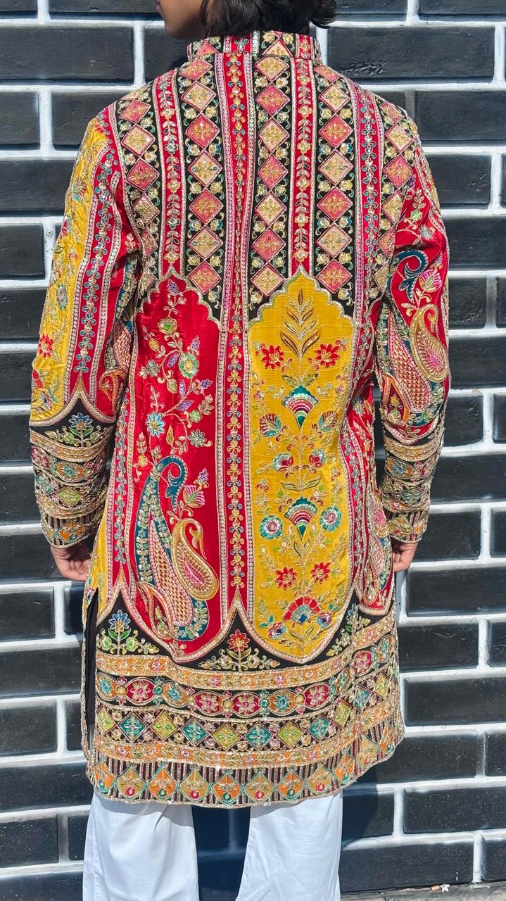 The Saltanat Embroidered Kurta (Mustard-Red)