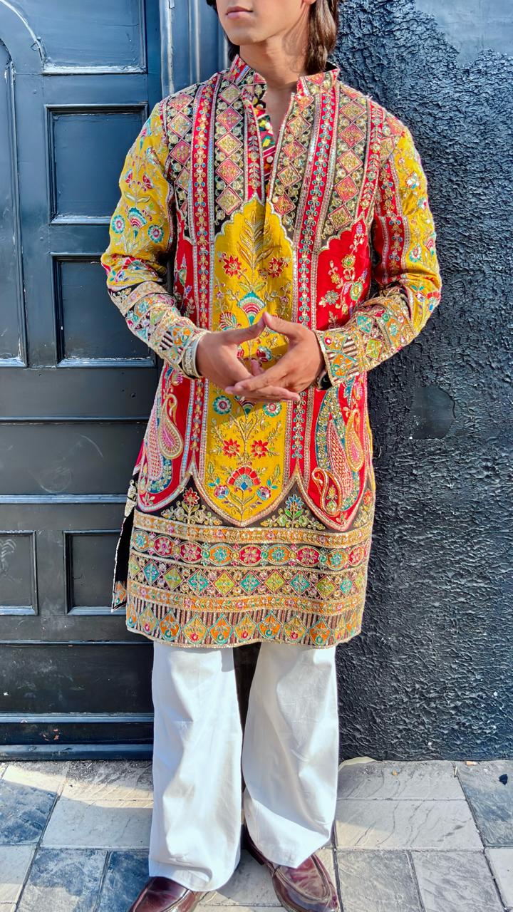 The Saltanat Embroidered Kurta (Mustard-Red)