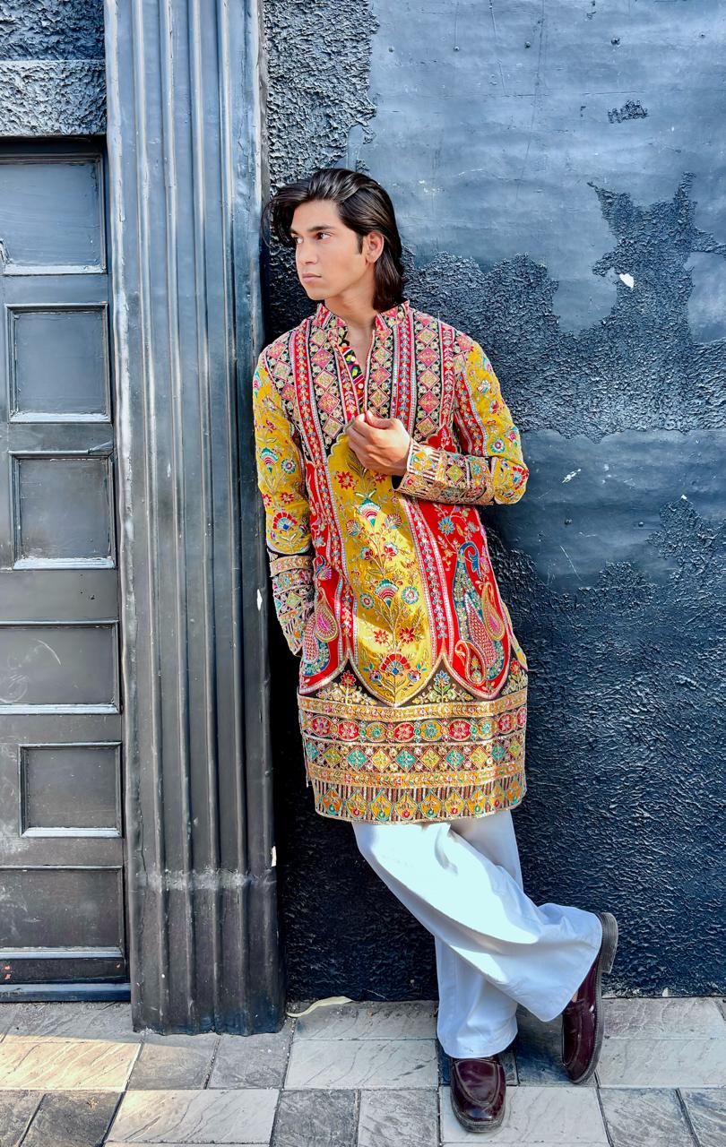 The Saltanat Embroidered Kurta (Mustard-Red)