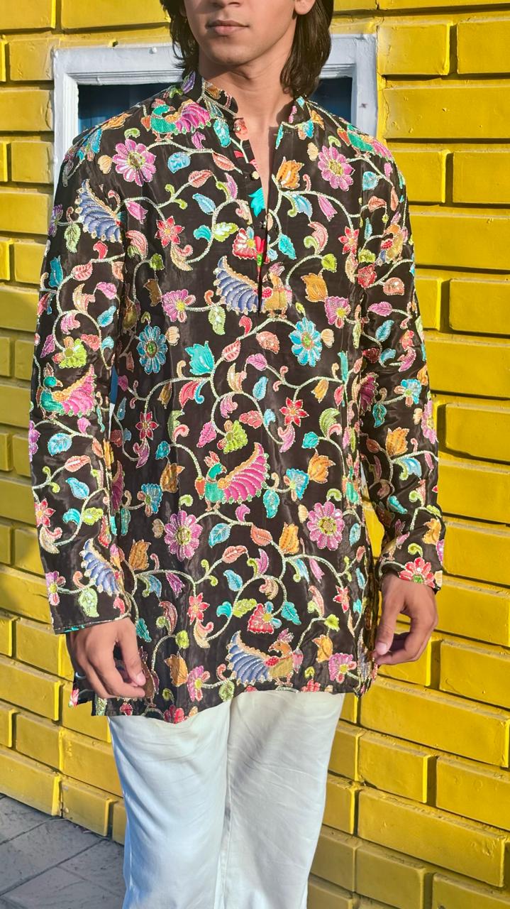 The Bagh Embroidered short Kurta (Black Floral)