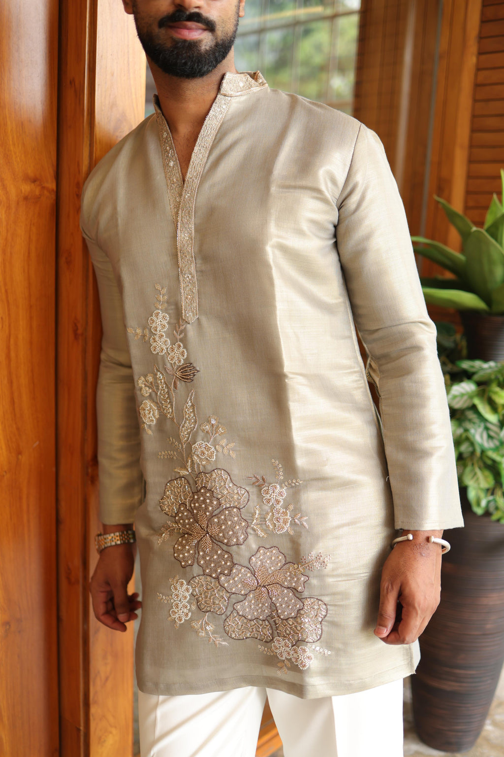 The Devraj Embroidered Kurta Set (Metallic Platinum Sage)