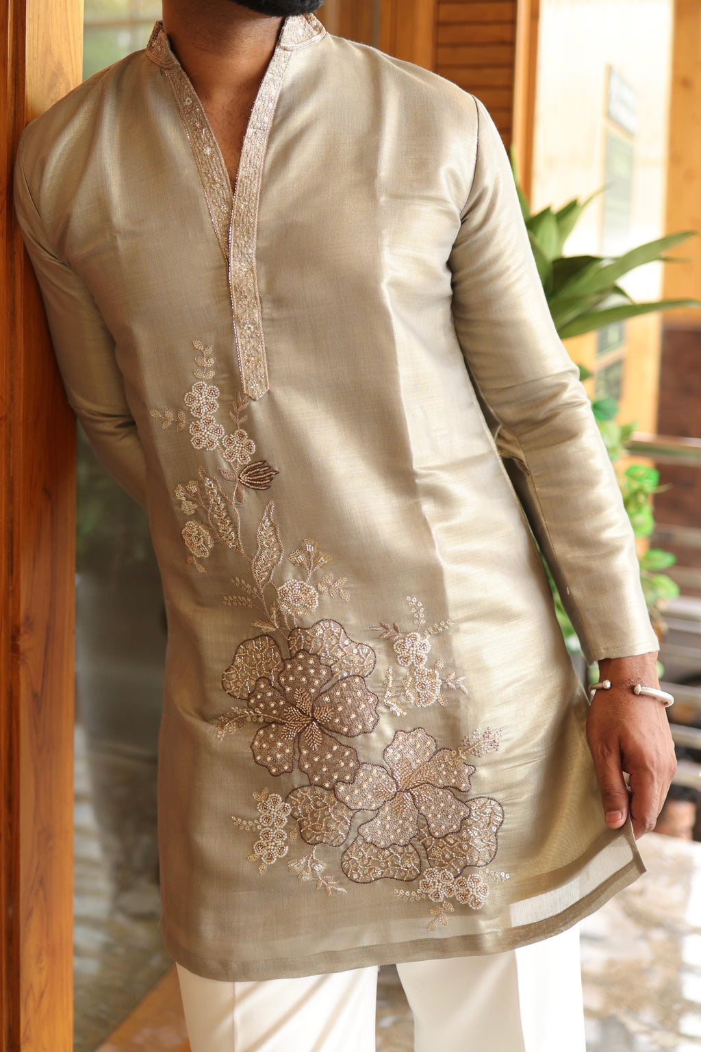 The Devraj Embroidered Kurta Set (Metallic Platinum Sage)
