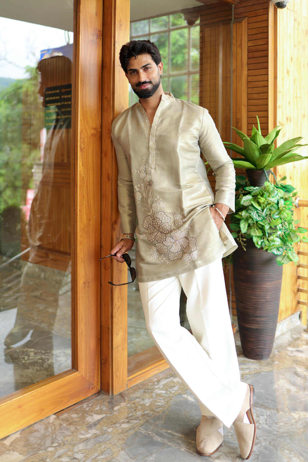 The Devraj Embroidered Kurta Set (Metallic Platinum Sage)