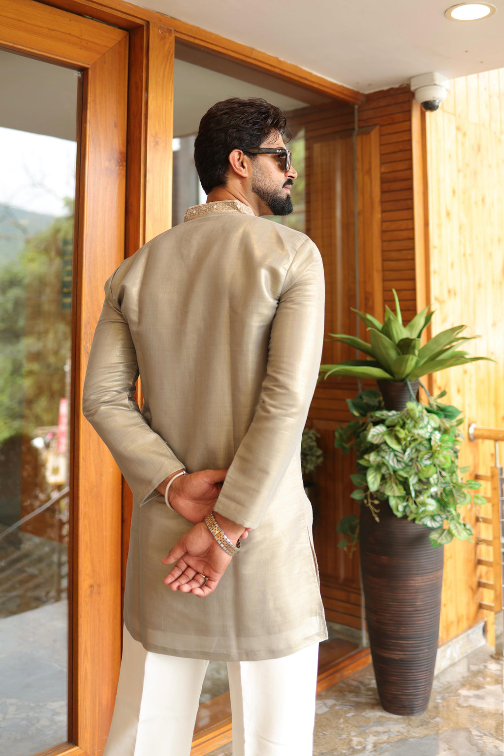 The Devraj Embroidered Kurta Set (Metallic Platinum Sage)