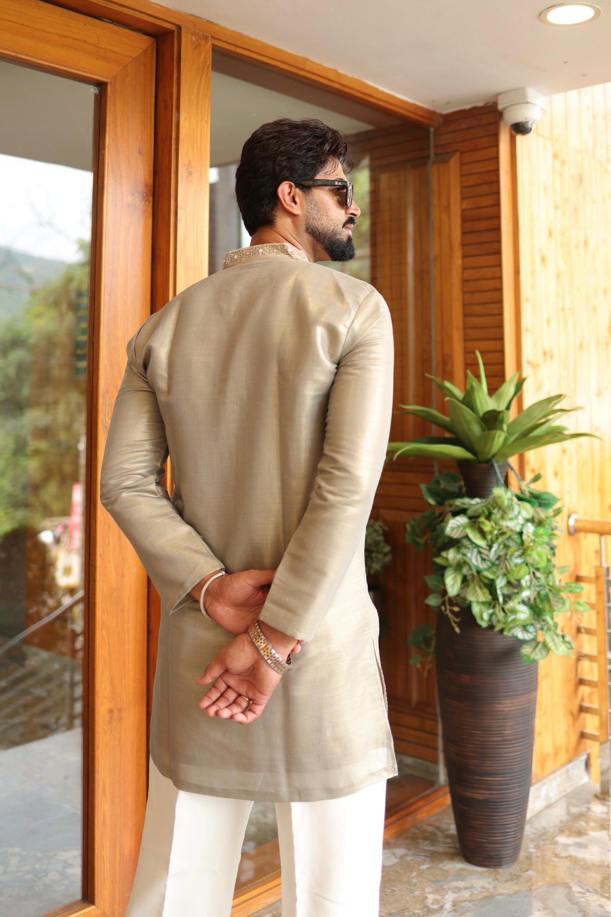 The Devraj Embroidered Kurta Set (Metallic Platinum Sage)