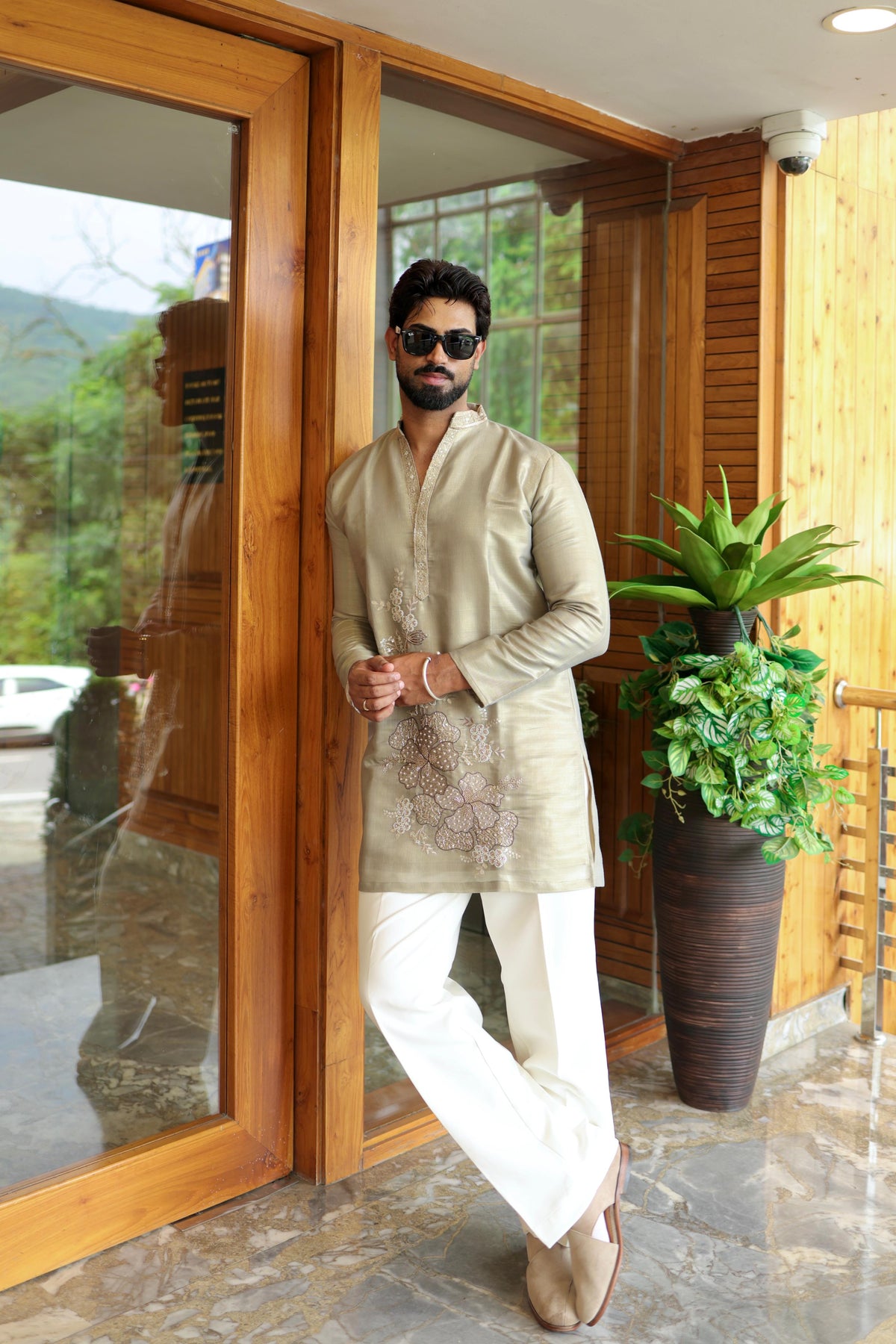 The Devraj Embroidered Kurta Set (Metallic Platinum Sage)