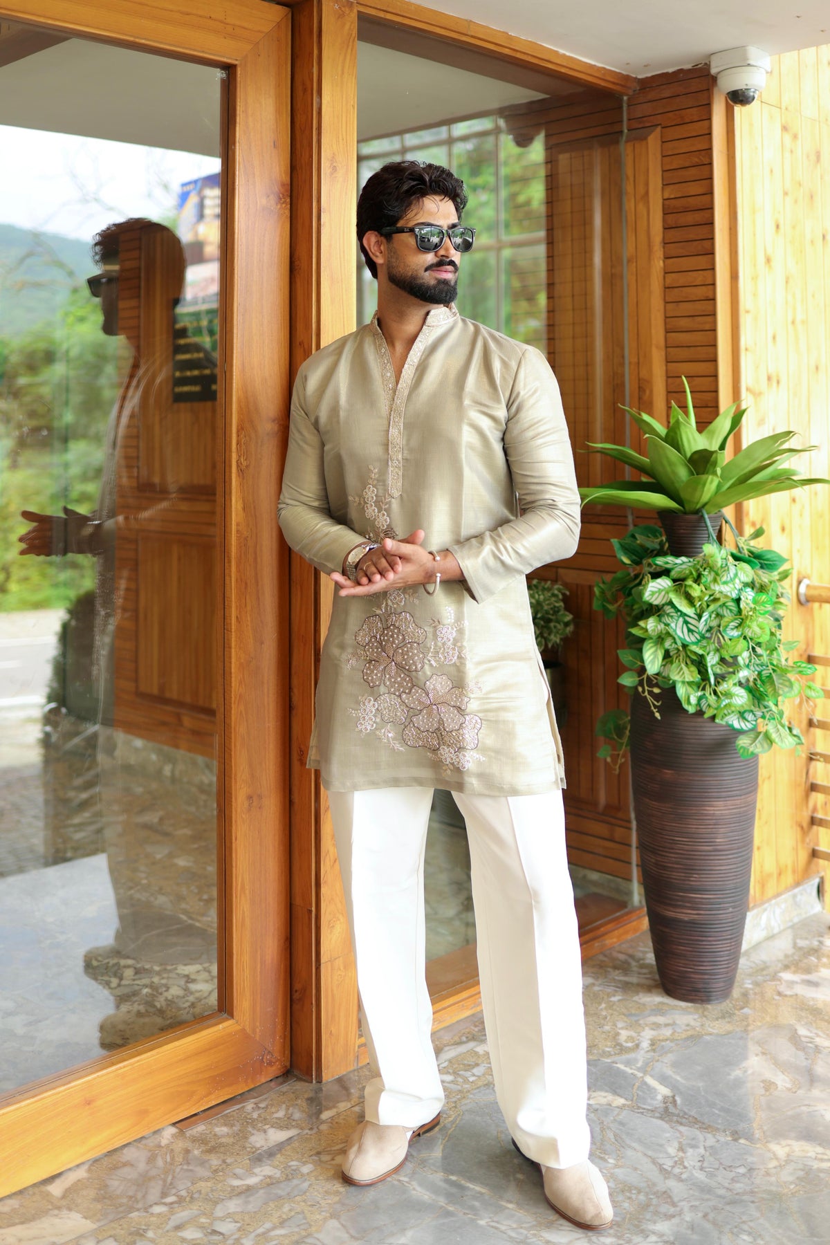 The Devraj Embroidered Kurta Set (Metallic Platinum Sage)