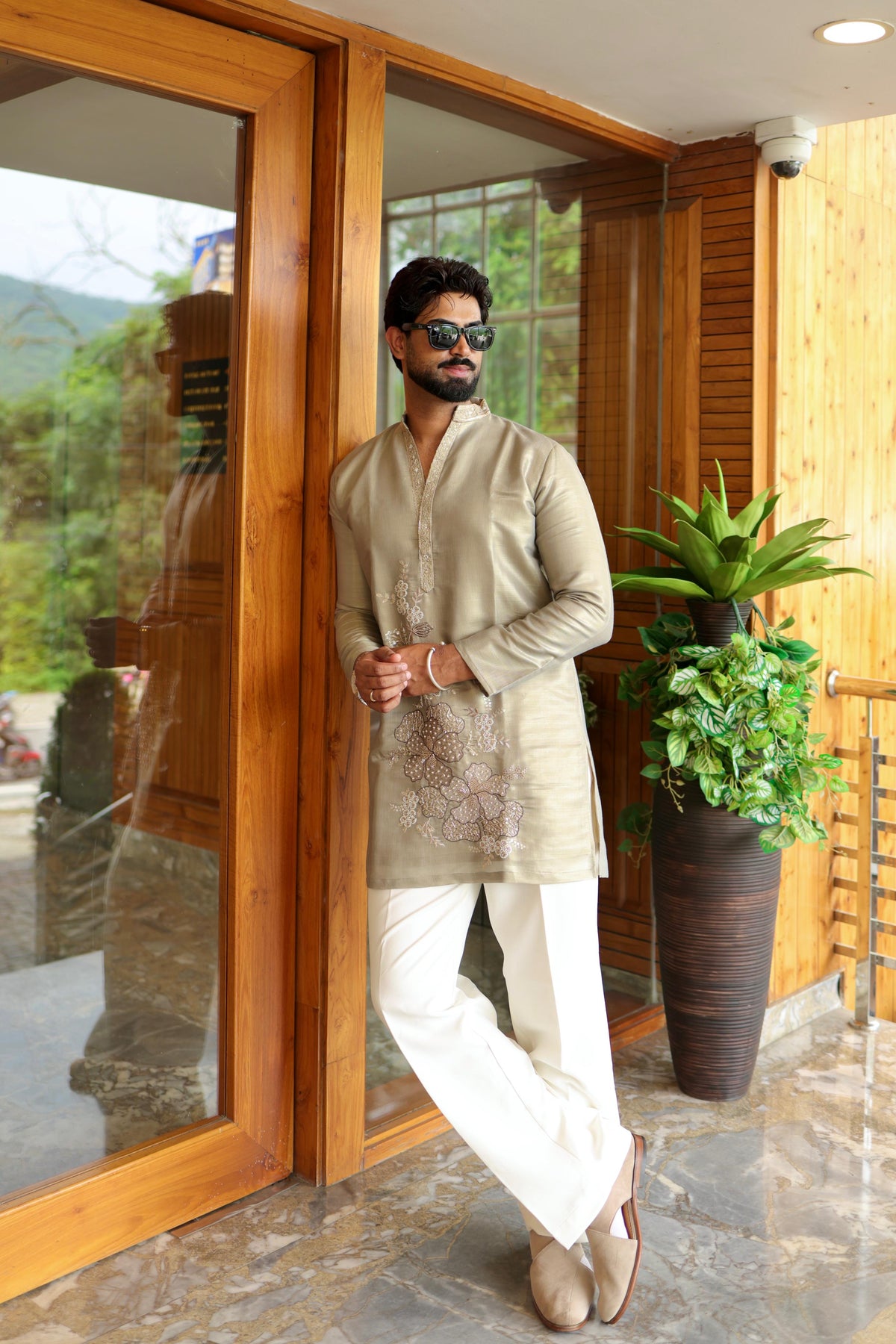 The Devraj Embroidered Kurta Set (Metallic Platinum Sage)