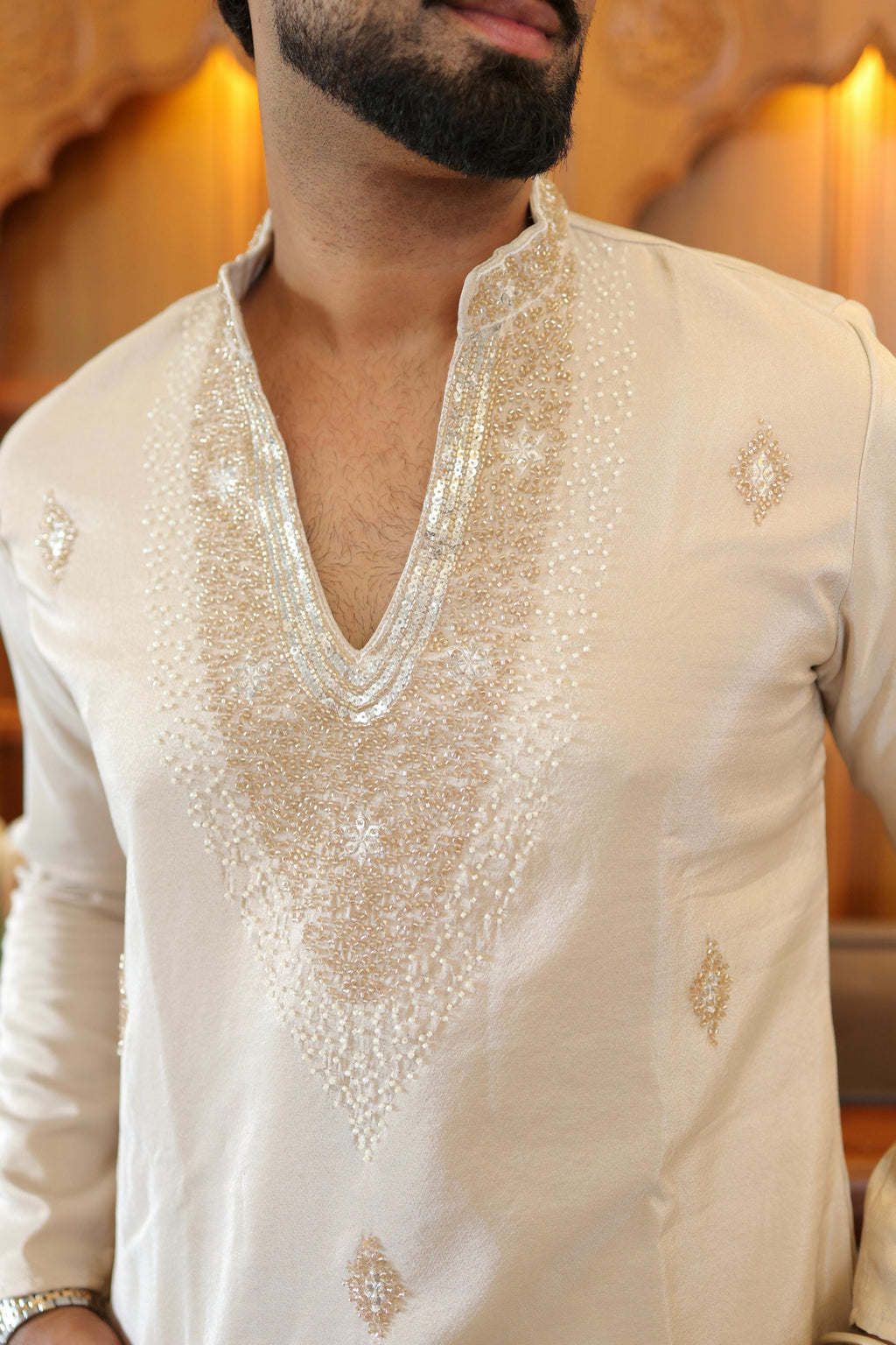 The Ranveer Embroidered Kurta Set(Ivory Champagne)