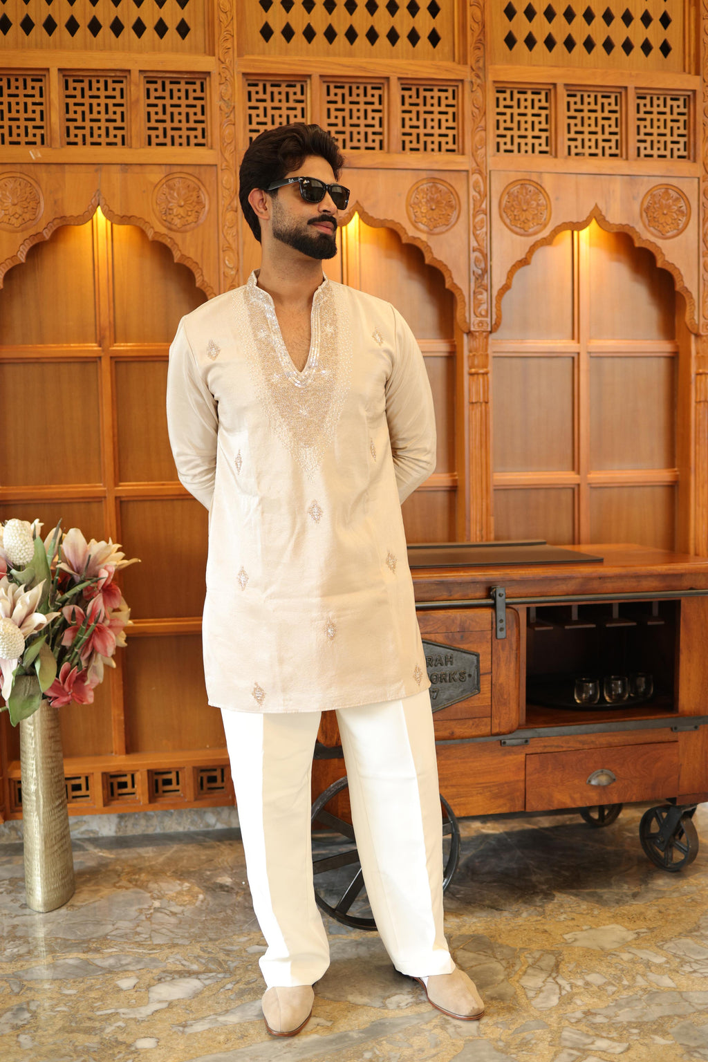 The Ranveer Embroidered Kurta Set(Ivory Champagne)
