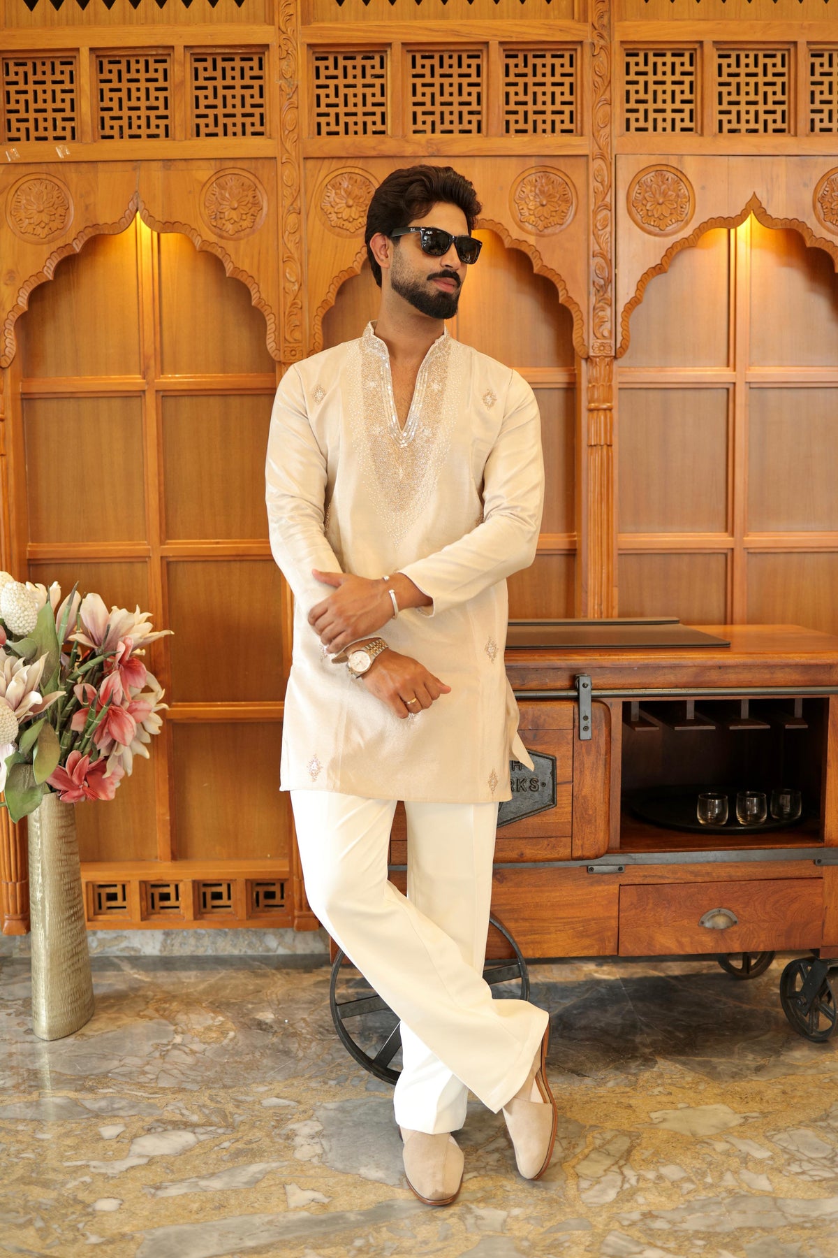 The Ranveer Embroidered Kurta Set(Ivory Champagne)
