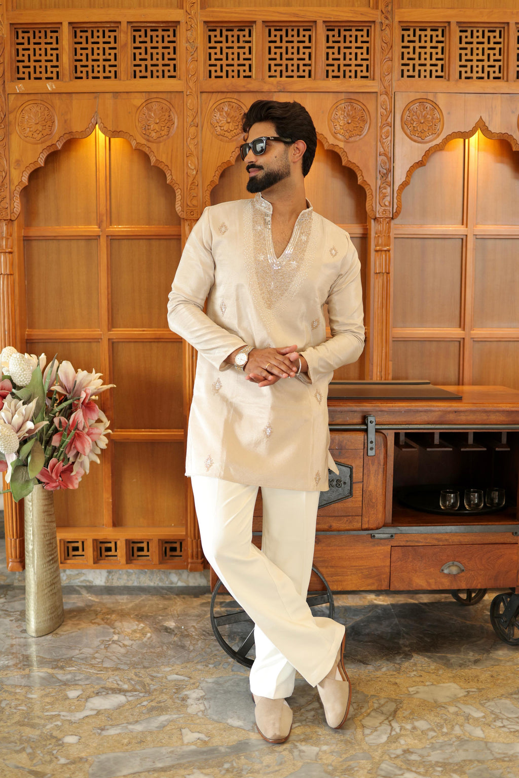 The Ranveer Embroidered Kurta Set(Ivory Champagne)