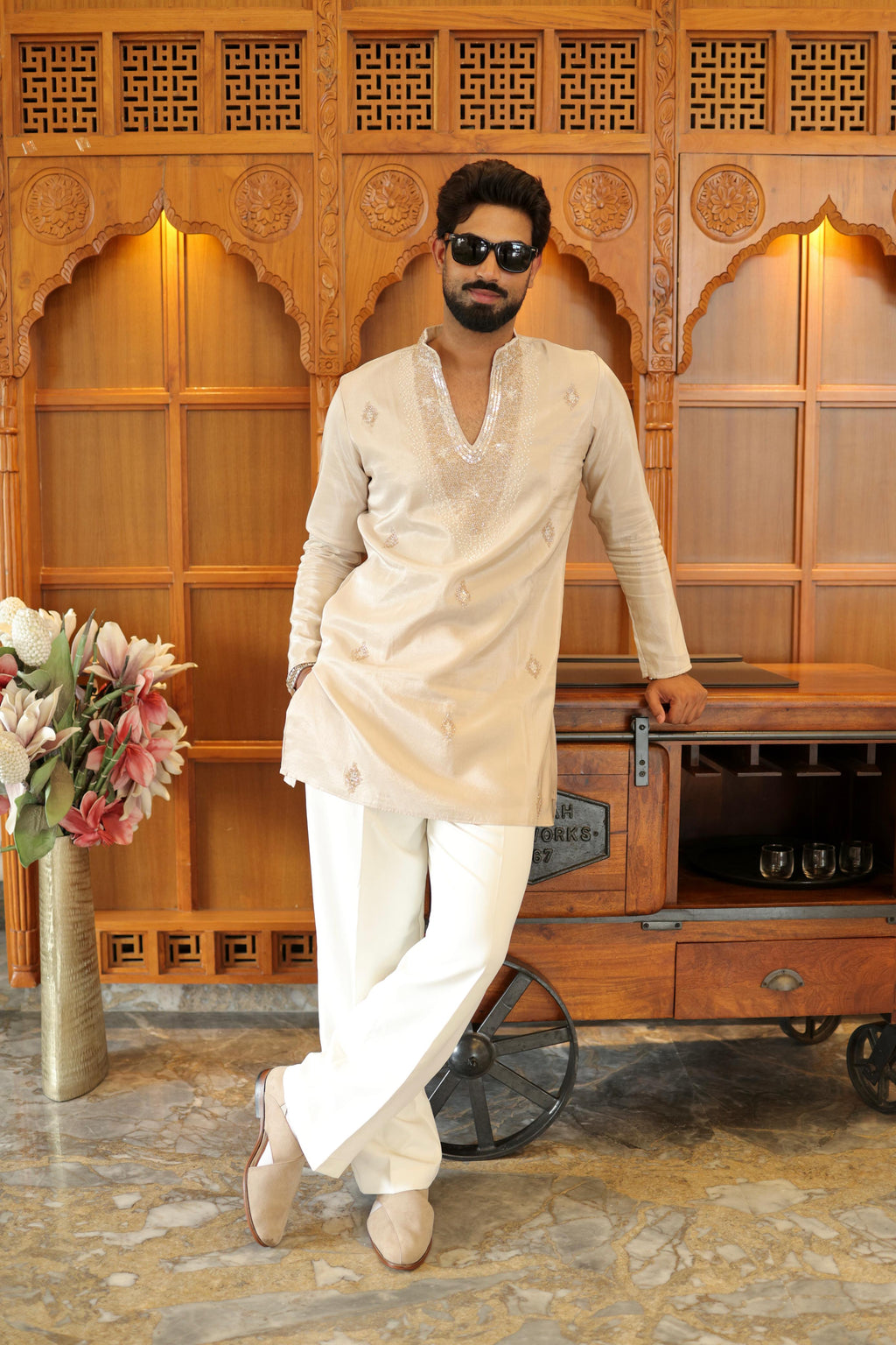 The Ranveer Embroidered Kurta Set(Ivory Champagne)
