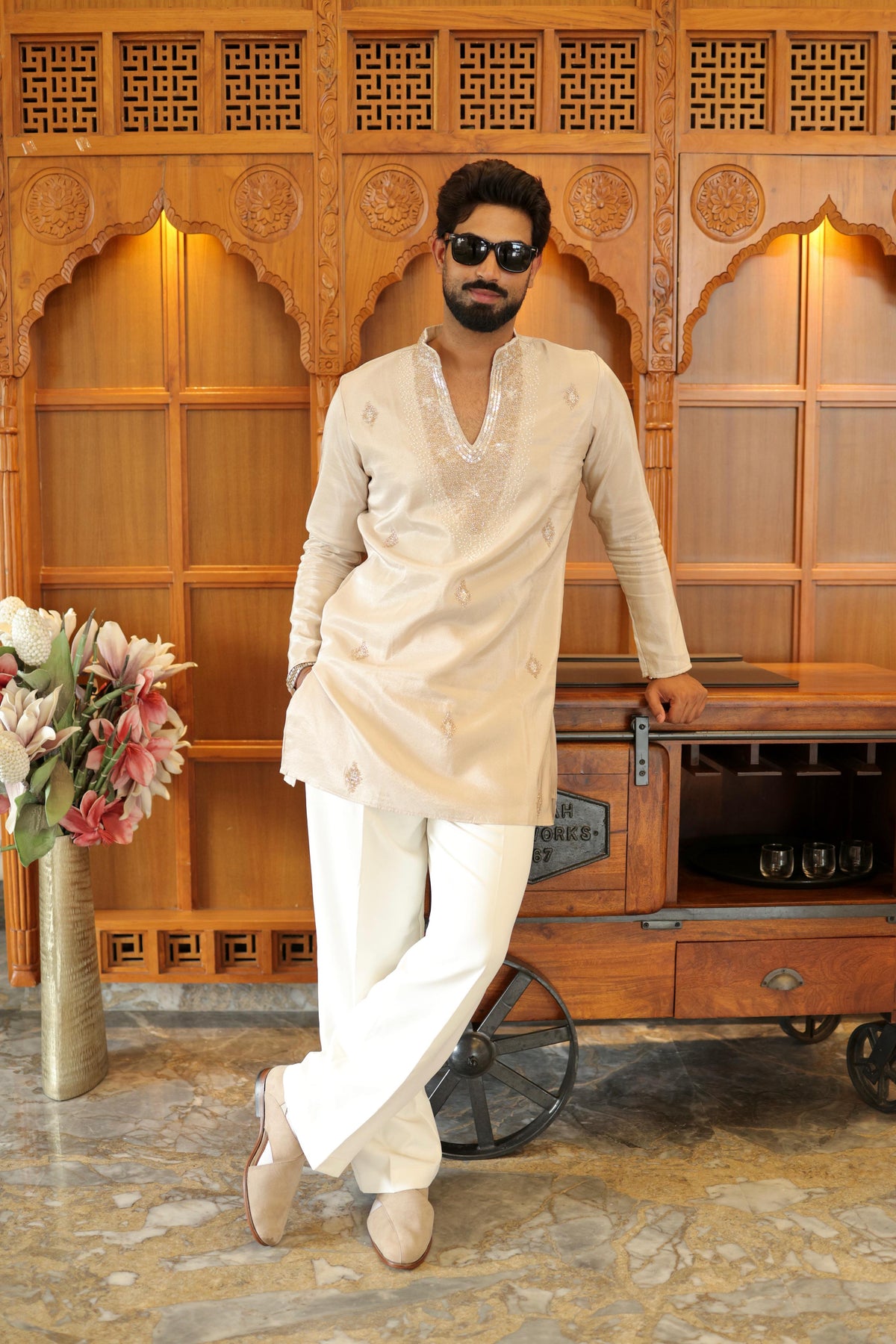 The Ranveer Embroidered Kurta Set(Ivory Champagne)