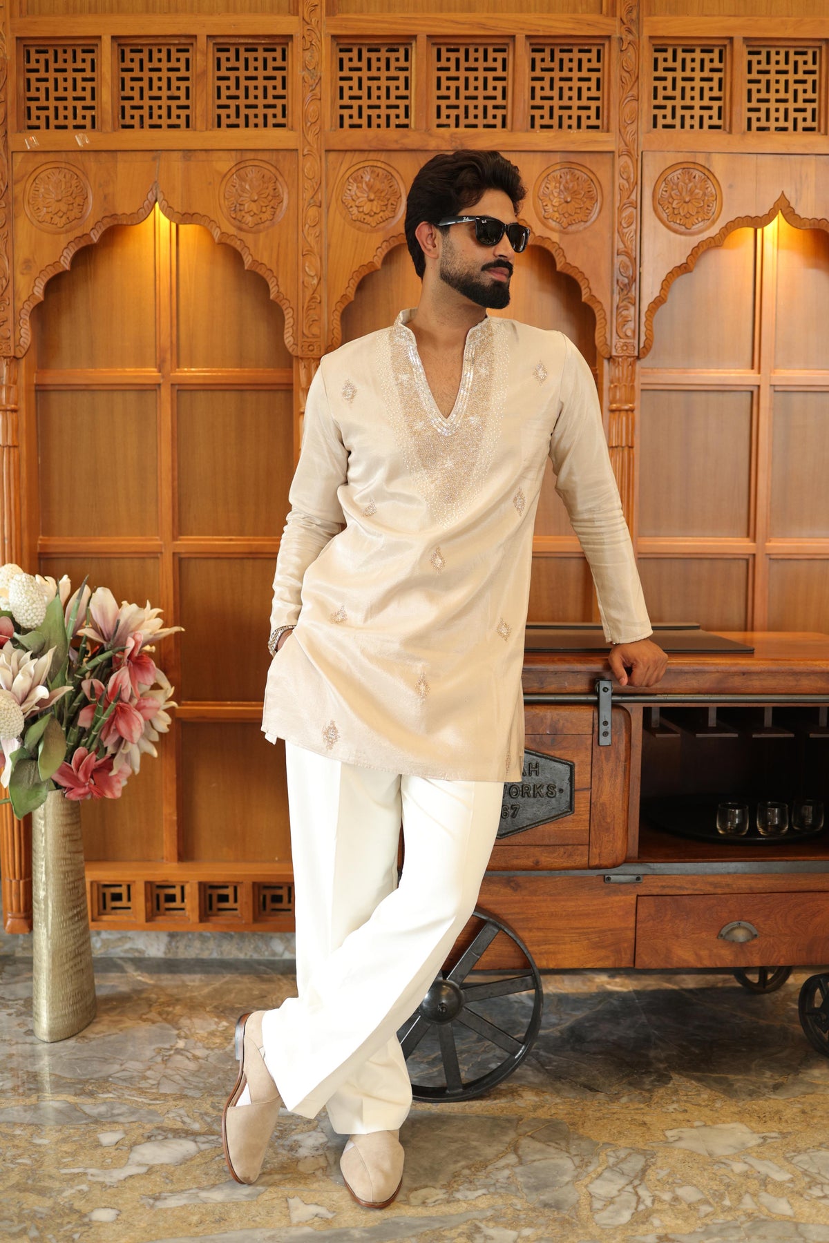 The Ranveer Embroidered Kurta Set(Ivory Champagne)