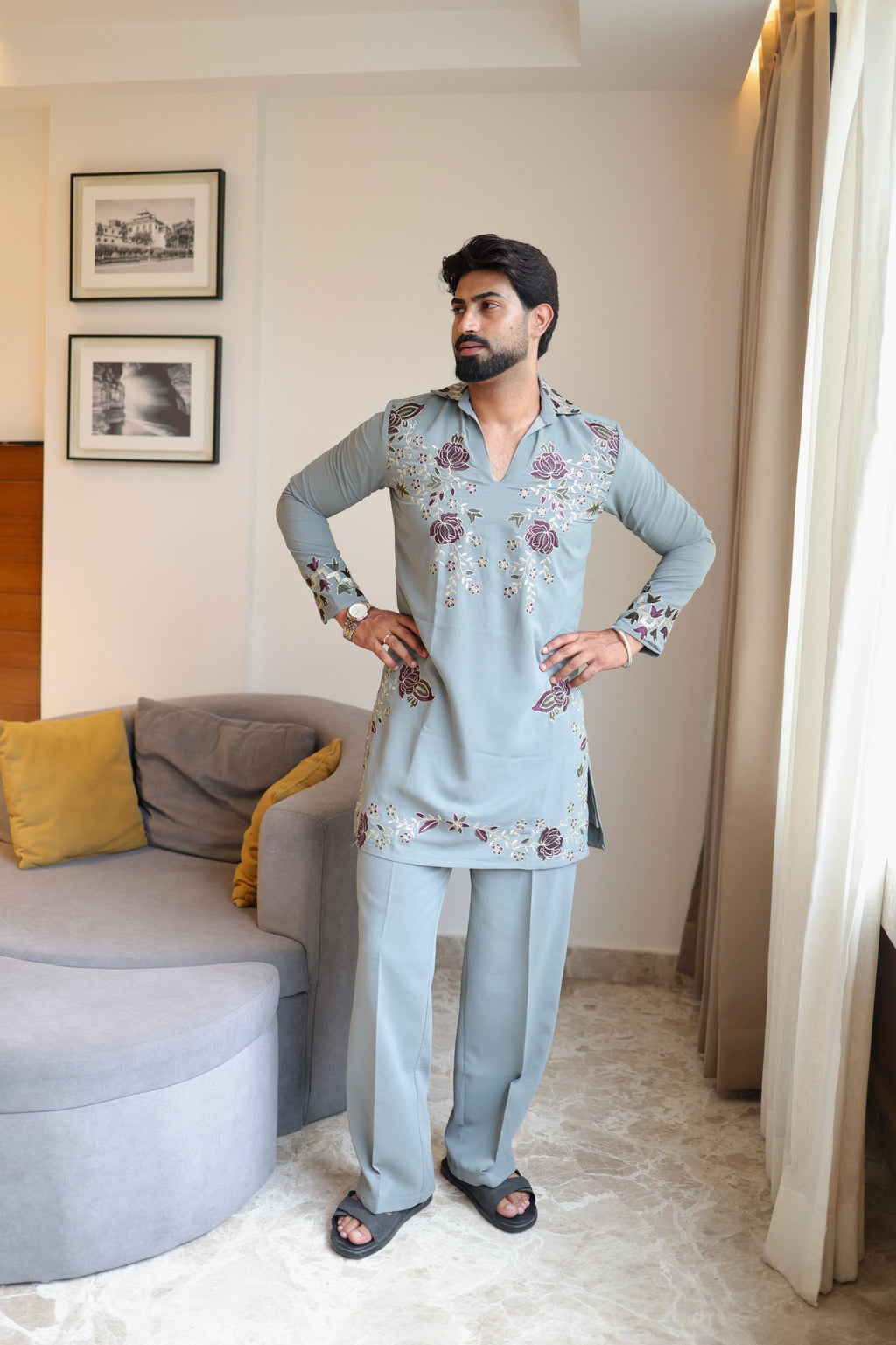 The Rivaayat Embroidered Kurta Pant Set (Slate Grey)