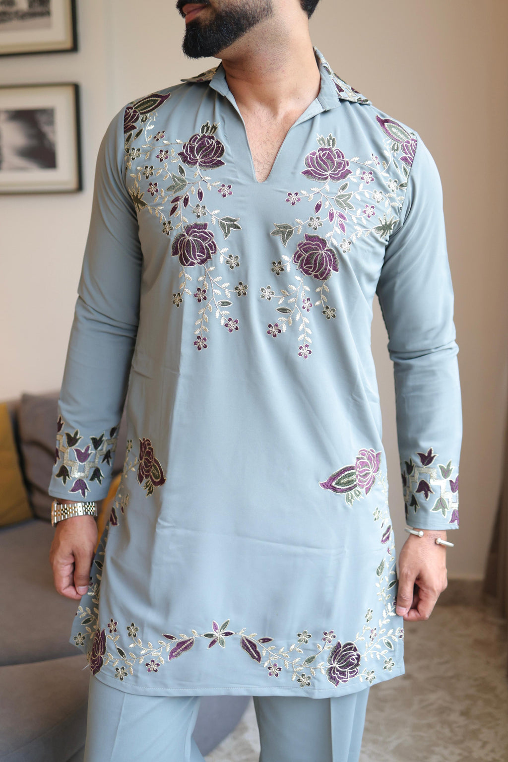 The Rivaayat Embroidered Kurta Pant Set (Slate Grey)