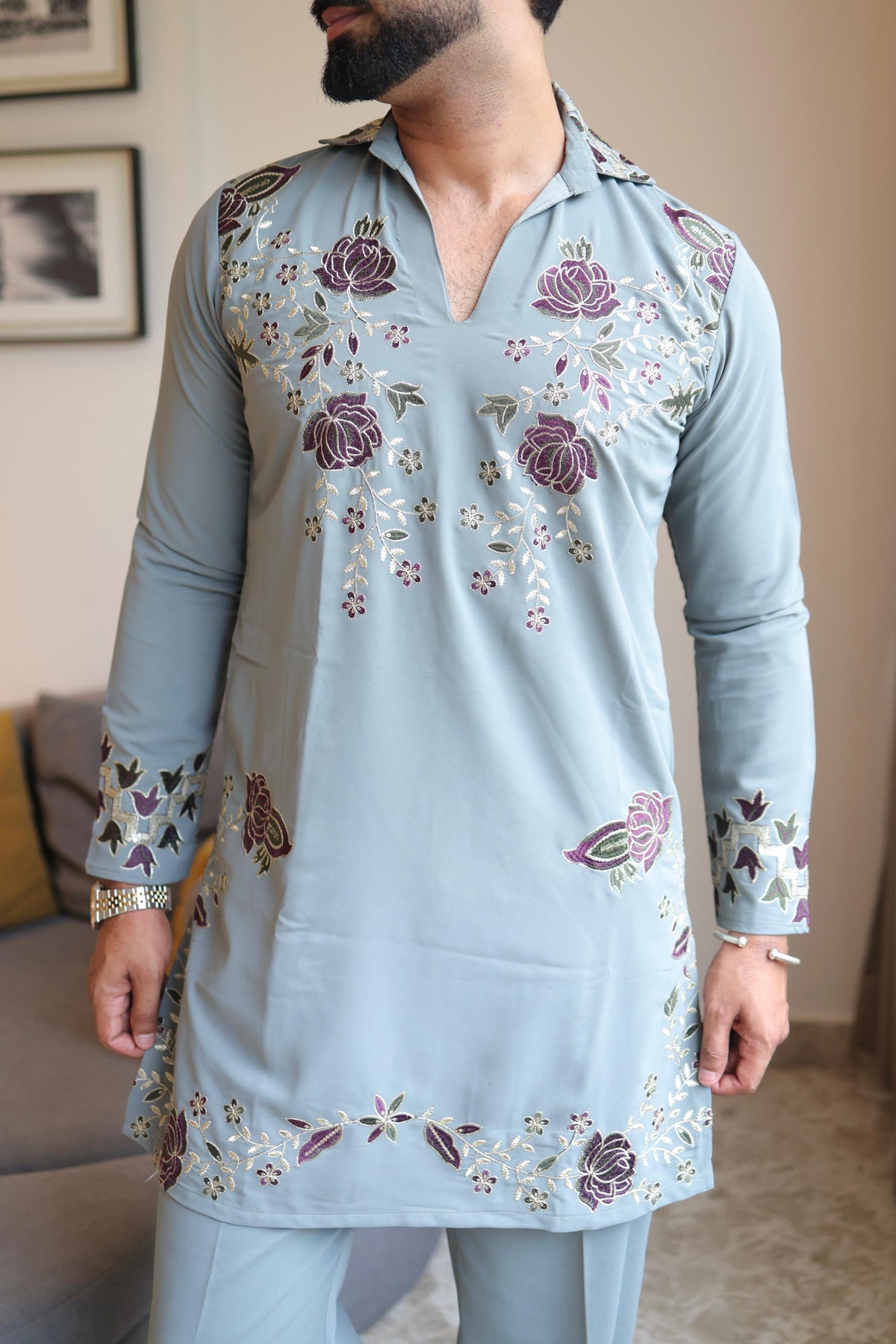 The Rivaayat Embroidered Kurta Pant Set (Slate Grey)