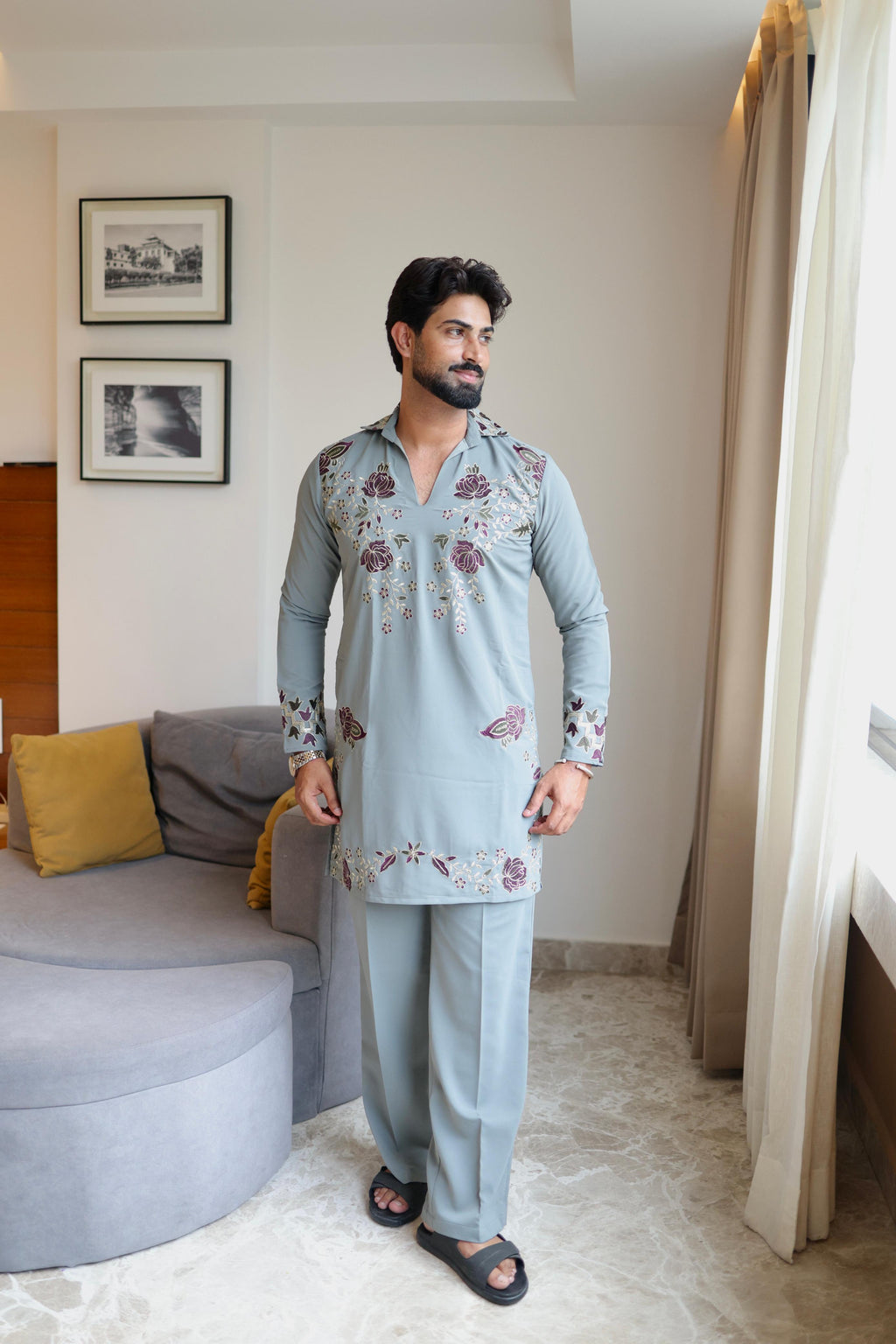 The Rivaayat Embroidered Kurta Pant Set (Slate Grey)